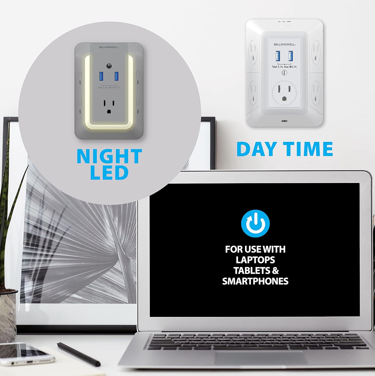 Bell+Howell Wall Power 7908 – Protector de sobretensiones con luz nocturna (automático) y soporte para dispositivos, 5 tomas de corriente y 2