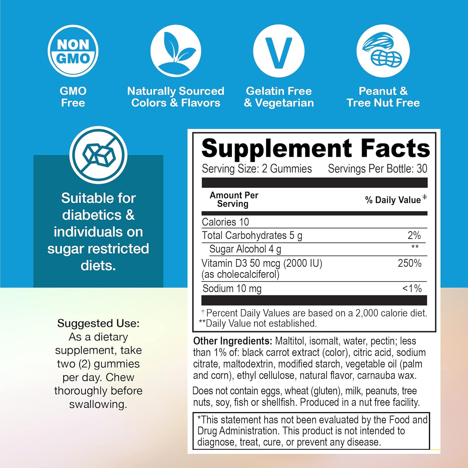 YUM-V’S YumVs – Gomitas de vitamina D Zero  Suplemento D3 apto para dieta cetogénica, sin azúcar, para niños y adultos, 50 mcg  2000 UI de vitamina