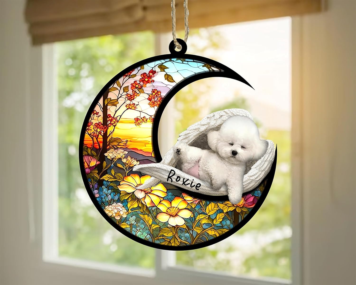 Atrapasoles personalizado para perros Bichon Frise, adorno de Navidad con nombre, atrapasueños de mascotas, regalos para los amantes de los perros,