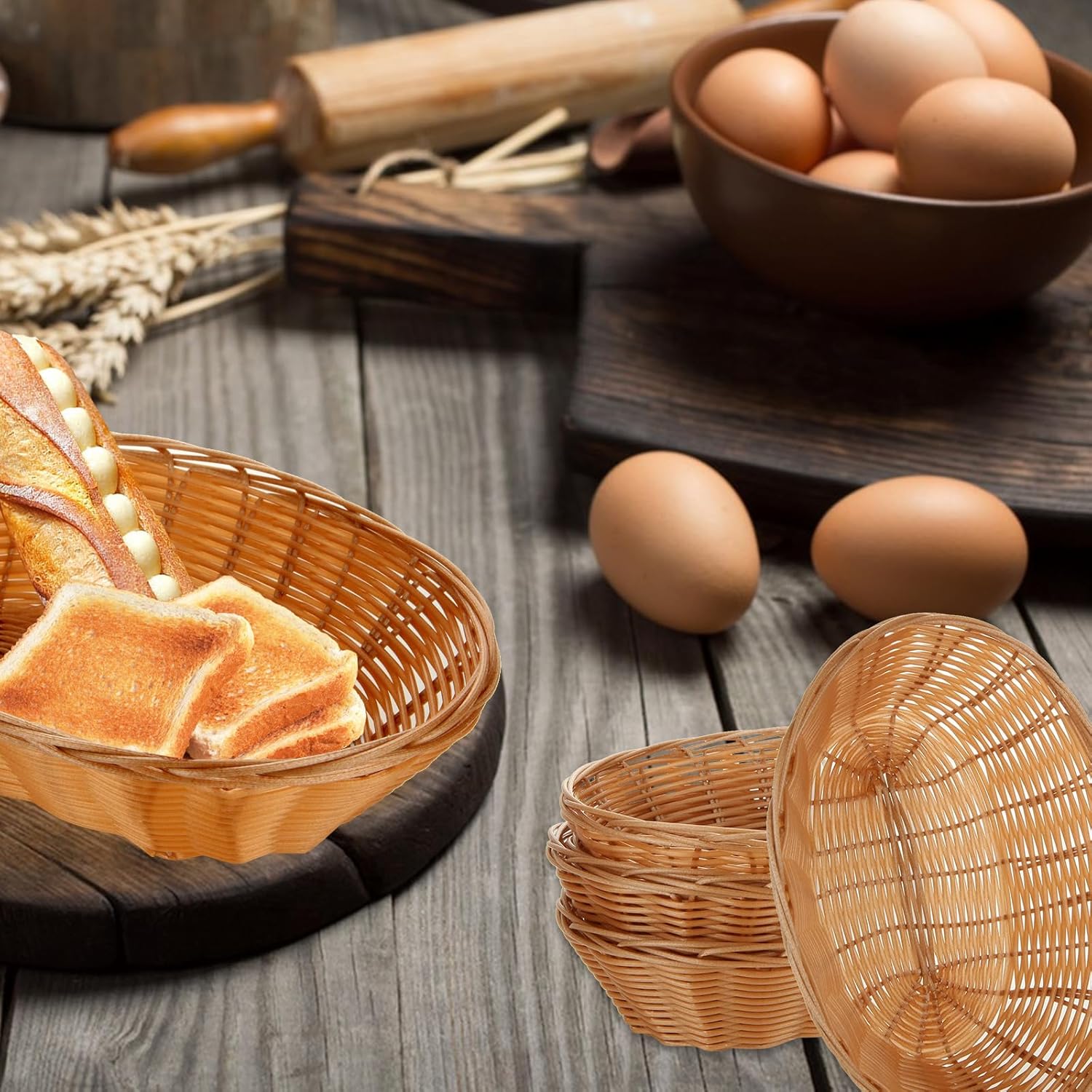 DAJAVE Paquete de 20 cestas ovaladas de plástico, 9 x 6.9 x 2.36 pulgadas, cestas tejidas para pan de alimentos, cesta de almacenamiento de