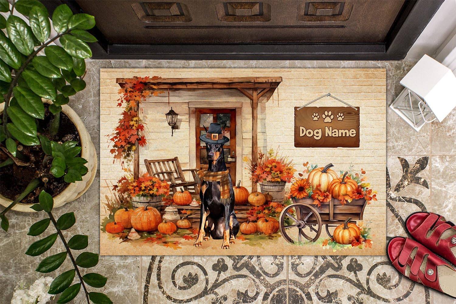 Tapete personalizado para puerta de perro de Acción de Gracias, Doberman Pinscher, tapete de otoño antideslizante, divertido tapete de entrada de