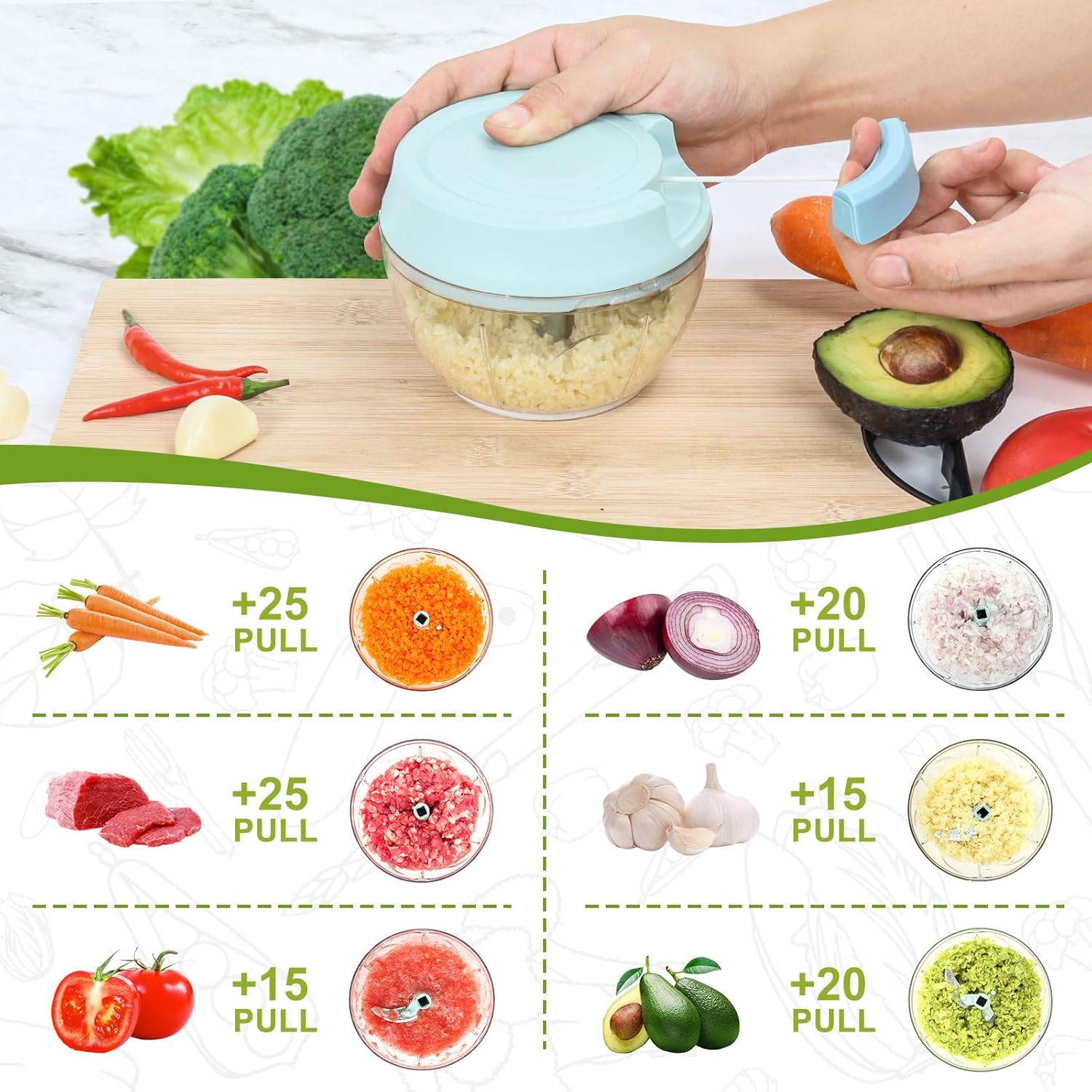 Picadora de ajo Mini picadora manual de alimentos con contenedor de cocina, cebolla, cortador de verduras, picador de verduras, azul, 16.9 fl oz