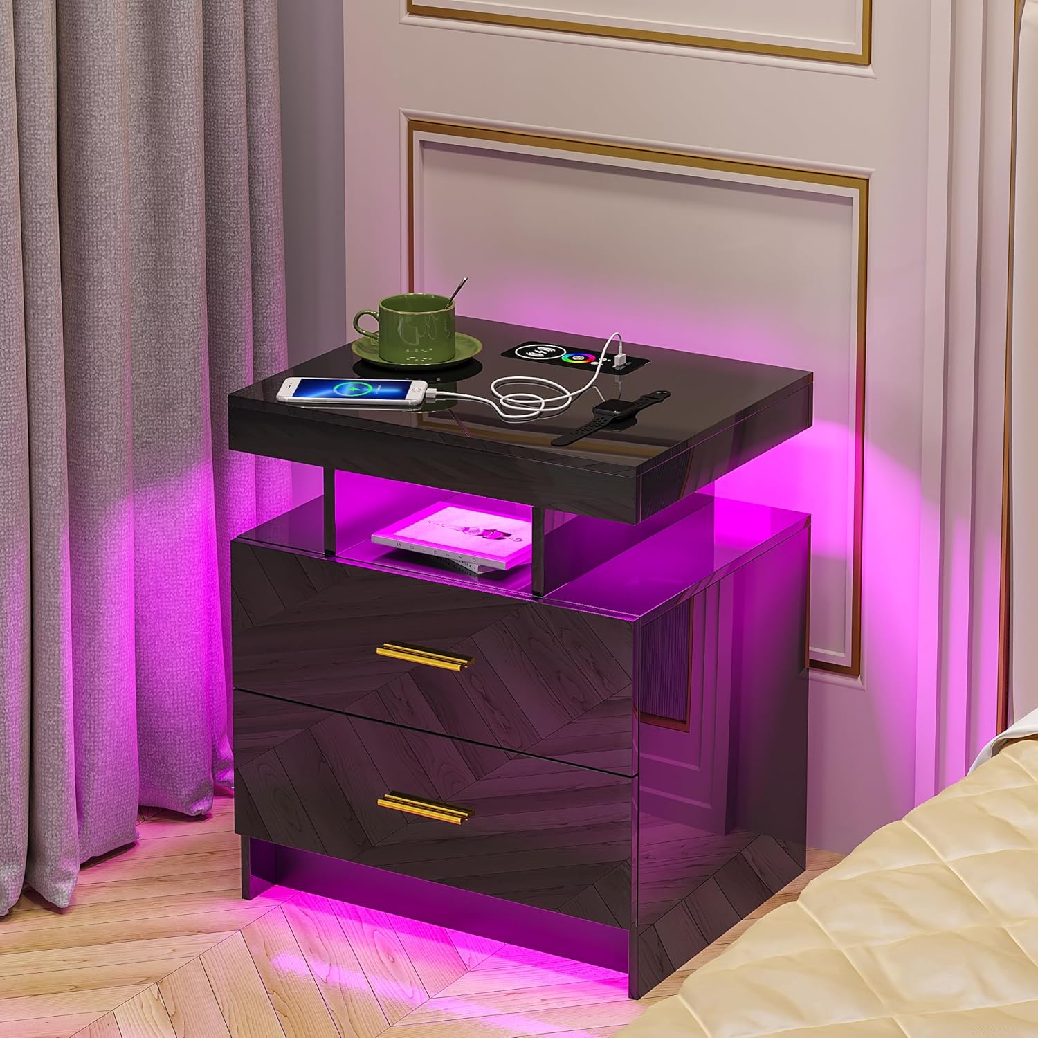 HNEBC Mesita de noche LED, RGB negro con estación de carga USBinalámbrica, moderna mesita de noche con sensor automático de luces RGB, mesa auxiliar