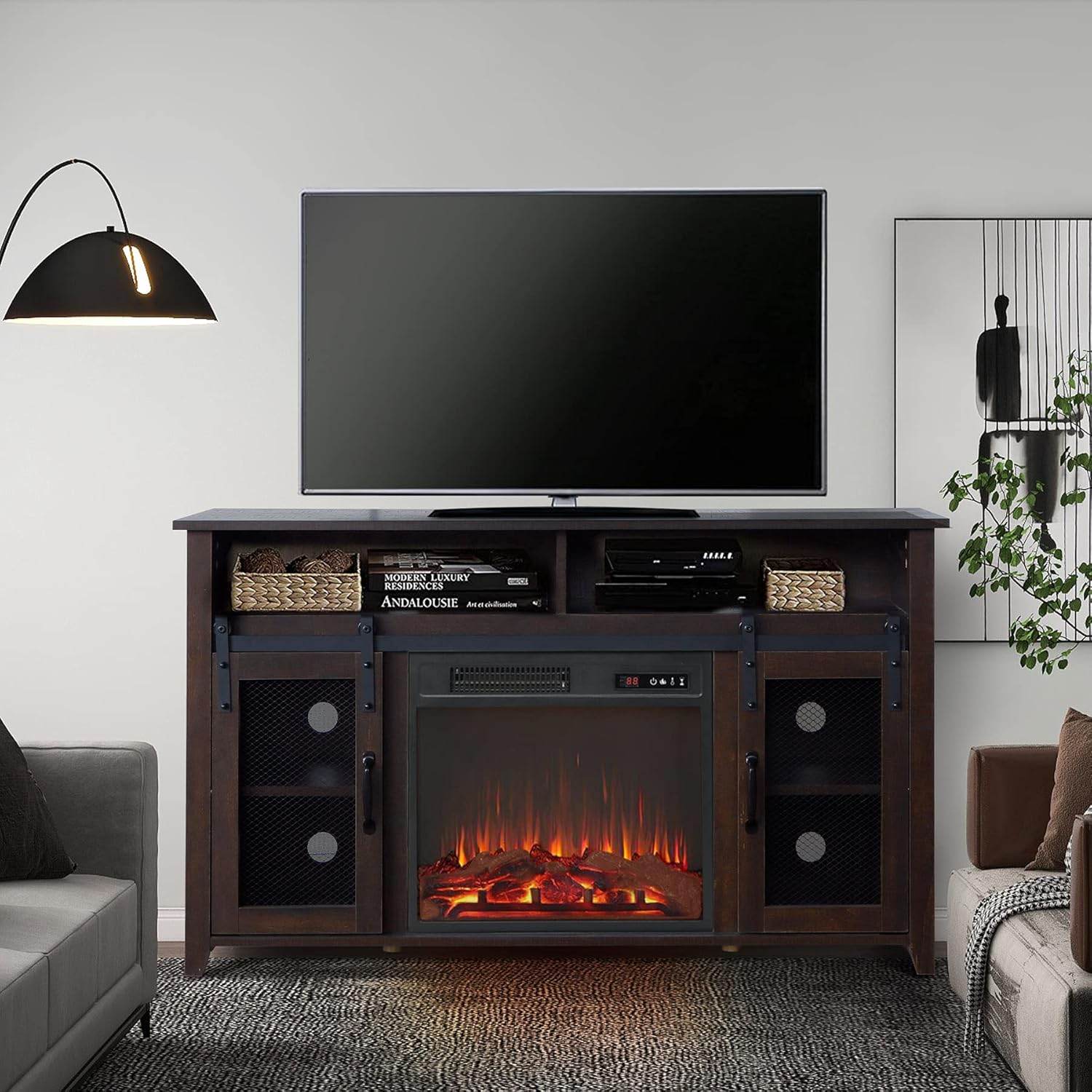 Soporte para TV, centro de entretenimiento, puerta corrediza de granero con chimenea eléctrica incluida para televisores de hasta 55 pulgadas,