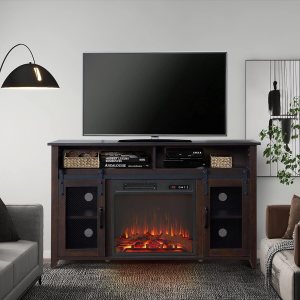 Soporte para TV, centro de entretenimiento, puerta corrediza de granero con chimenea eléctrica incluida para televisores de hasta 55 pulgadas, Soporte para TV, centro de entretenimiento, puerta corrediza de granero con chimenea eléctrica incluida para televisores de hasta 55 pulgadas,