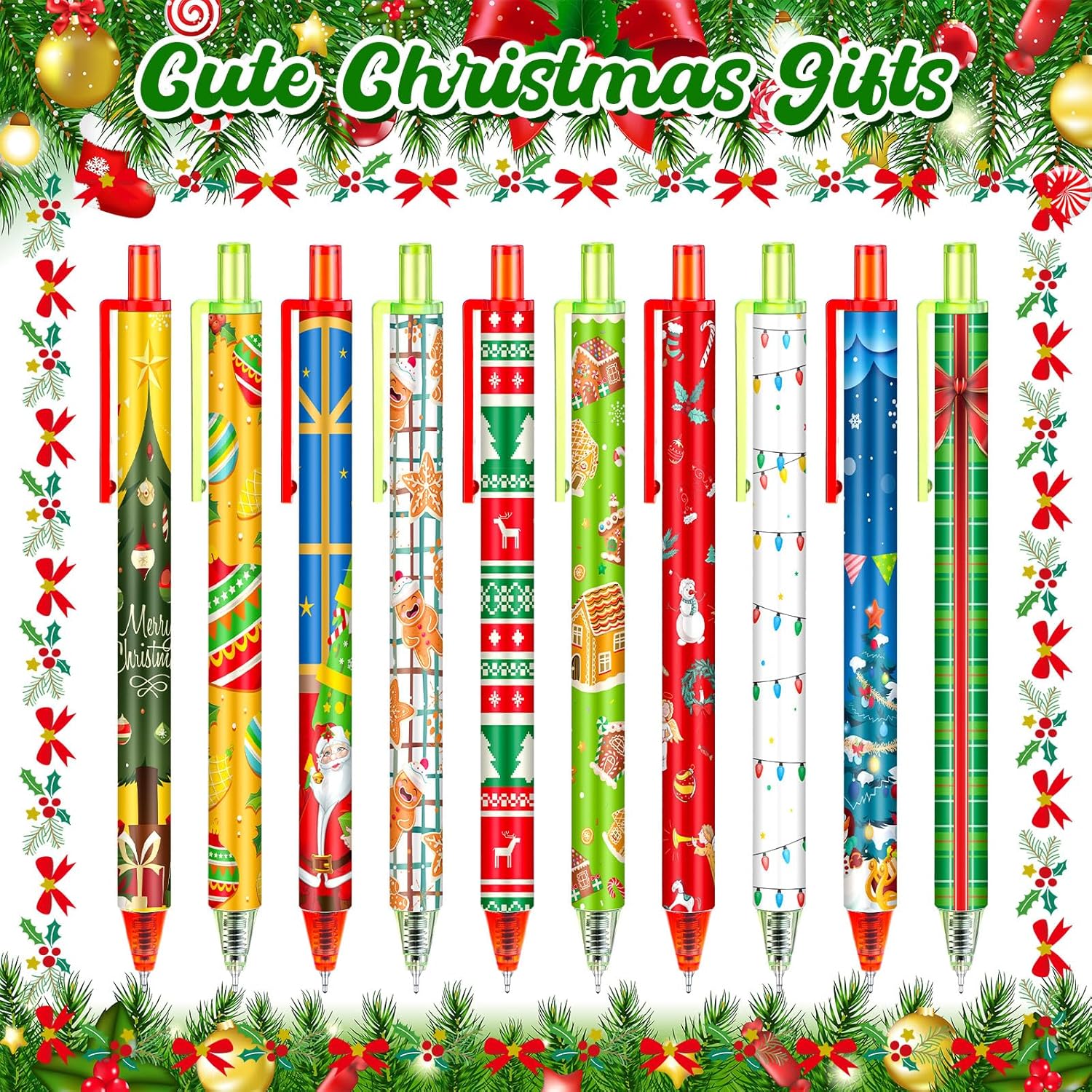 100 bolígrafos de tinta de gel de Navidad, bolígrafos retráctiles de Navidad, bolígrafos de dibujos animados, lindos bolígrafos de tinta negra de