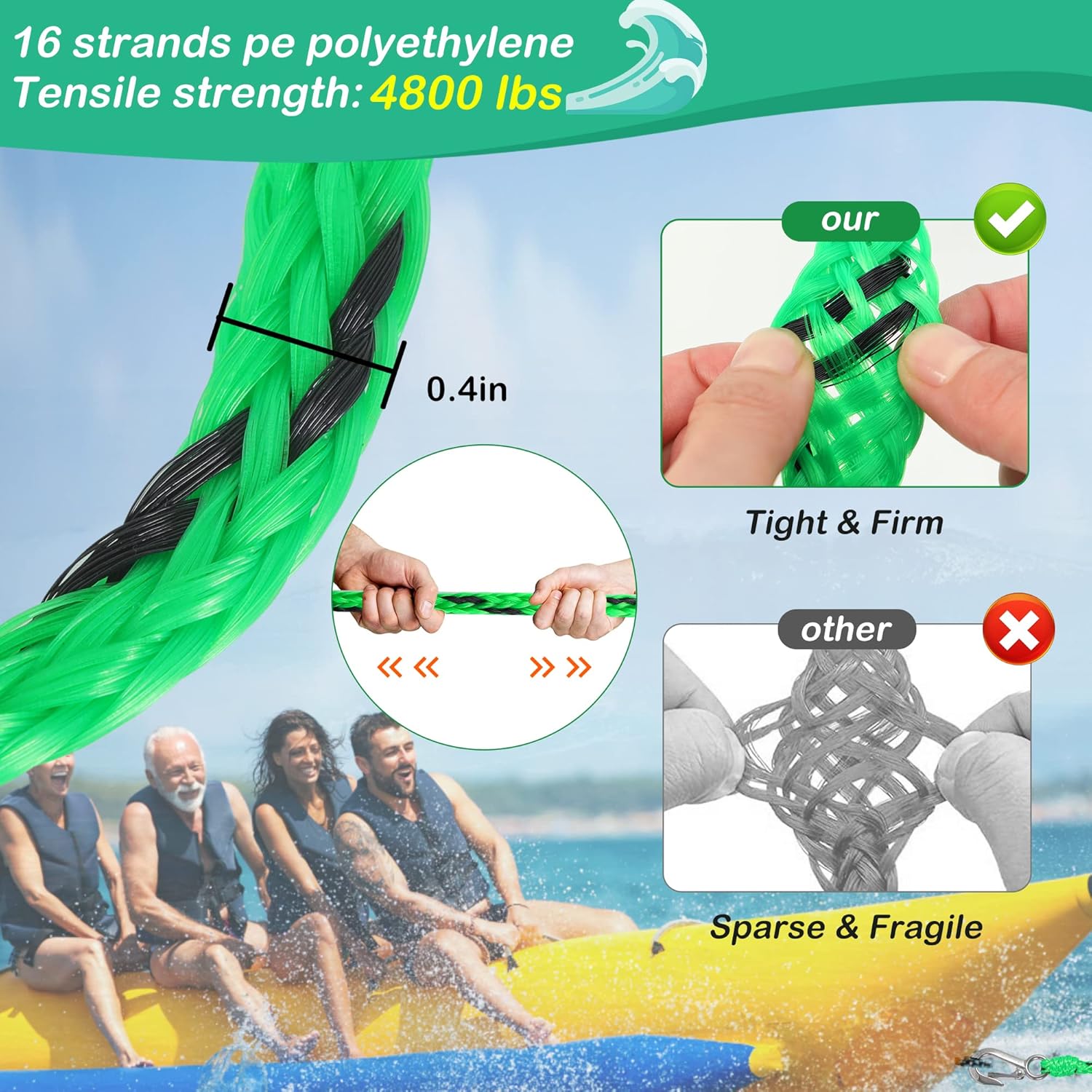 Arnés de remolque autocentrante para deportes acuáticos con bola de espuma, arnés de remolque de barco resistente con 2 jinetes permanentes de acero