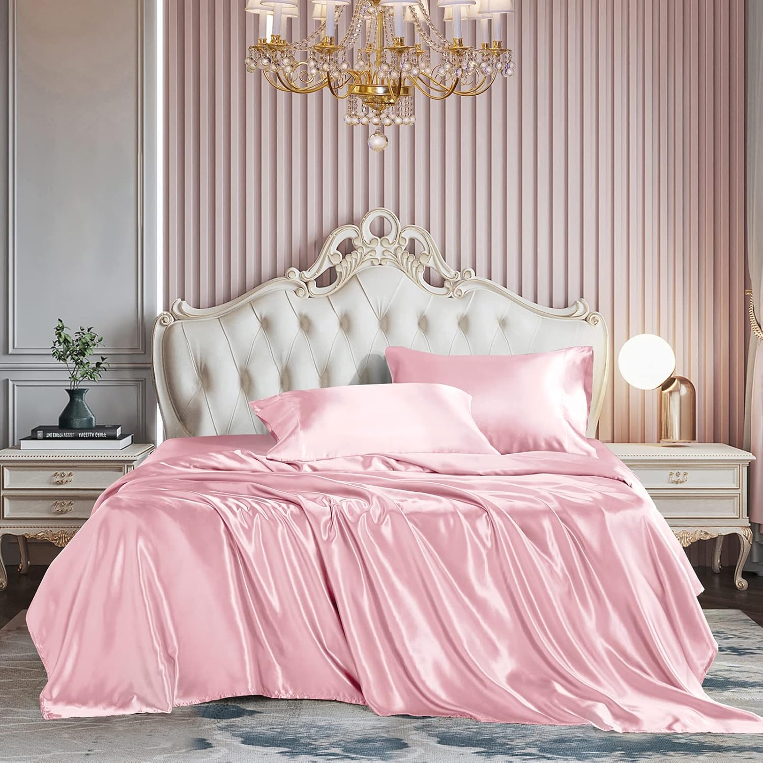 CozyLux Sábanas de satén tamaño King  Juego de sábanas de 4 piezas color rosa con microfibra sedosa, 1 sábana bajera de bolsillo profundo, 1 sábana