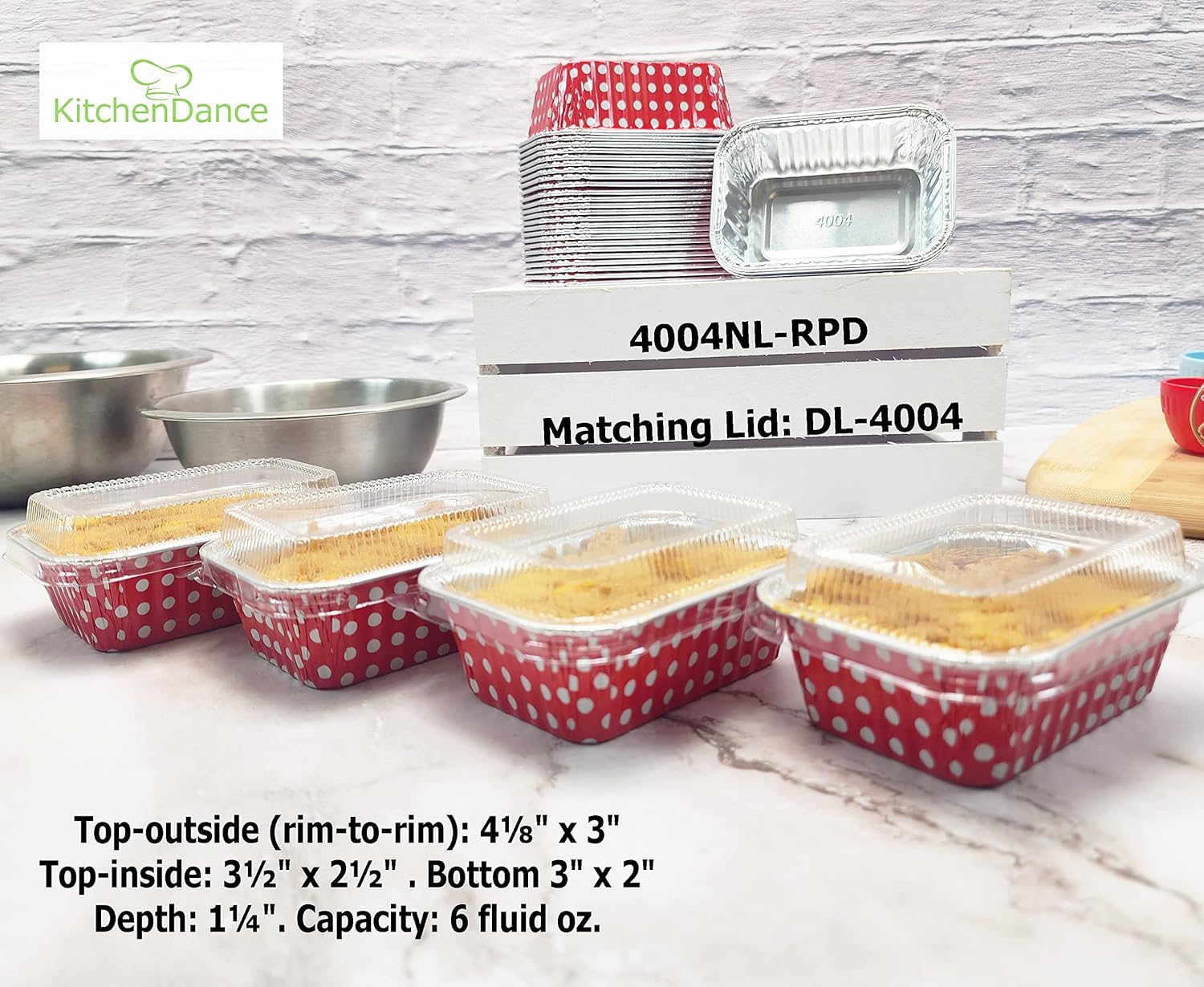 KitchenDance – Mini moldes desechables de aluminio con tapas, 6 onzas, rectangulares de tamaño individual, moldes para hornear de papel de aluminio