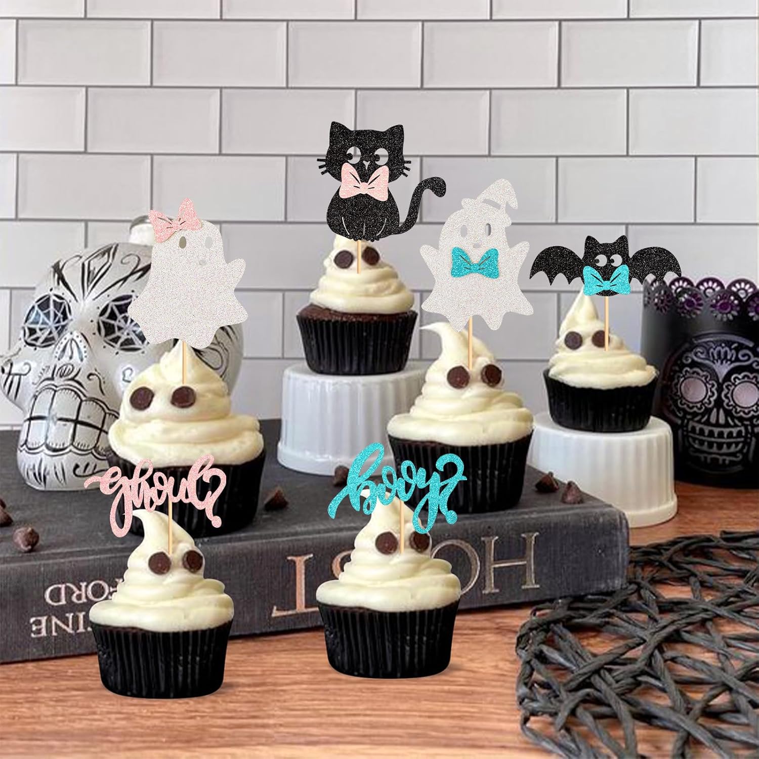 24 piezas de decoración para cupcakes de Halloween para niños o niñas, fantasma, calabaza, uno espeluznante, uno espeluznante, para cupcakes, araña,