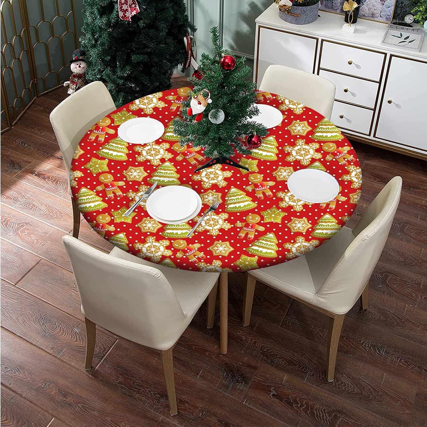 Mantel redondo ajustable de Navidad, mantel de poliéster con árbol de Navidad, mantel circular lavable para mesa de cena de Navidad, bufé, fiestas,
