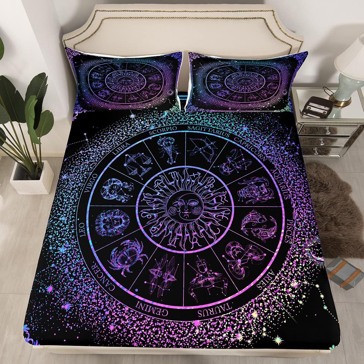 Sun Moon – Sábana bajera ajustable con signos del zodiaco y astrología, constelaciones gemelas, galaxia, regalos espirituales para niñas,