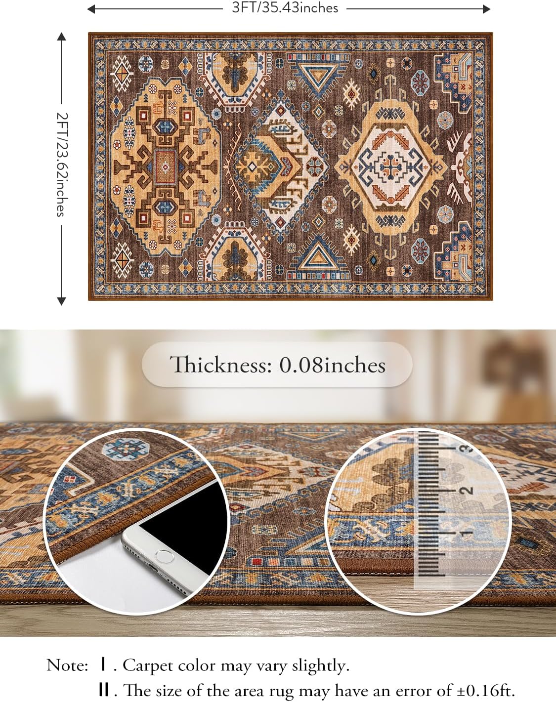 Lahome Alfombra oriental de cocina de 2 x 3, color marrón, para interiores, entrada, entrada, entrada, vestíbulo, suelo, ultrafina, de pelo bajo, no
