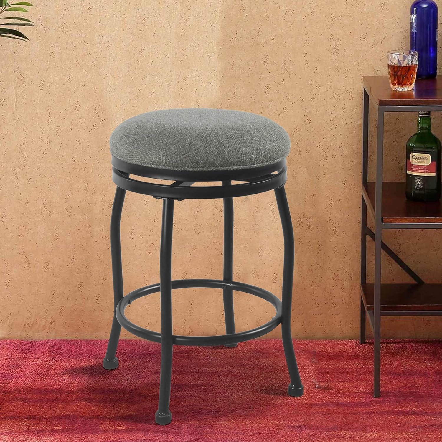 Benjara Taburete de metal con asiento acolchado de tela giratoria, gris y negro