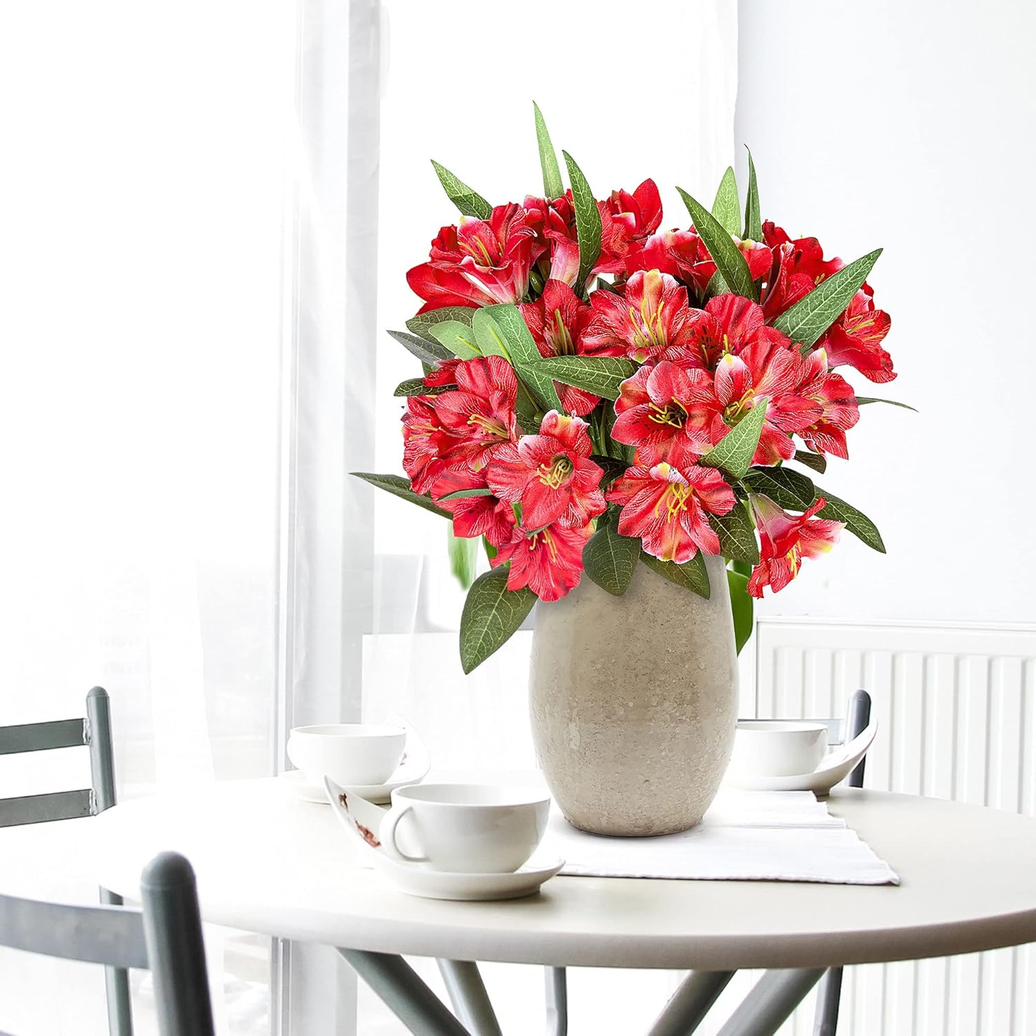 Amaryllis – Ramo de flores artificiales de 18 pulgadas de largo, pétalos de seda, hojas verdes sintéticas, decoración de boda, manualidades, centro