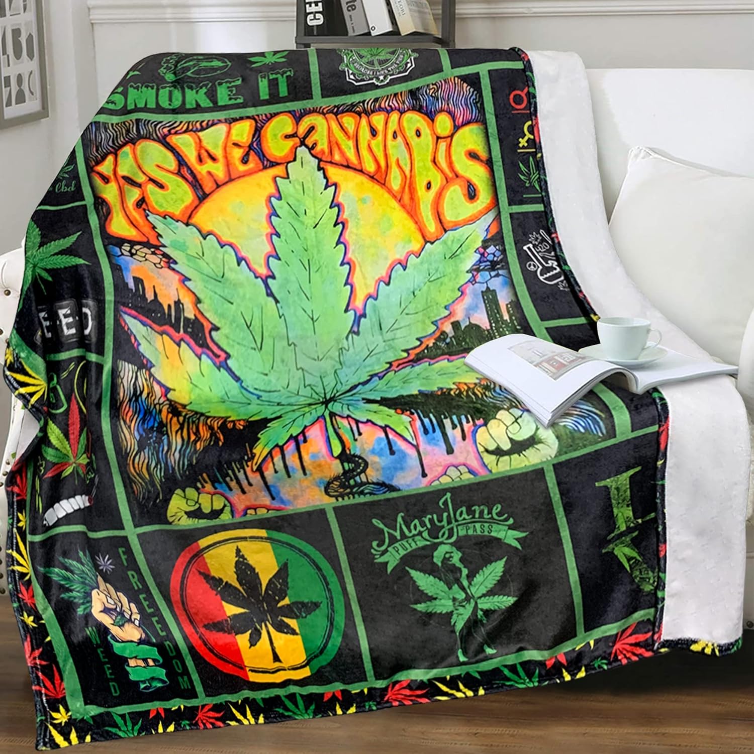 Manta de franela de malezas súper cálida y suave para cama, sofá, sofá, acurrucarse, transpirable, hojas de marihuana y cannabis, para todas las