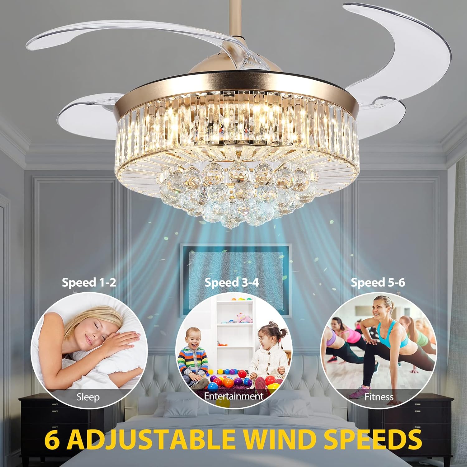 Ventilador de techo de cristal de 42 pulgadas con luces y control remoto, kit de luz LED invisible con cuchillas retráctiles para sala de estar y