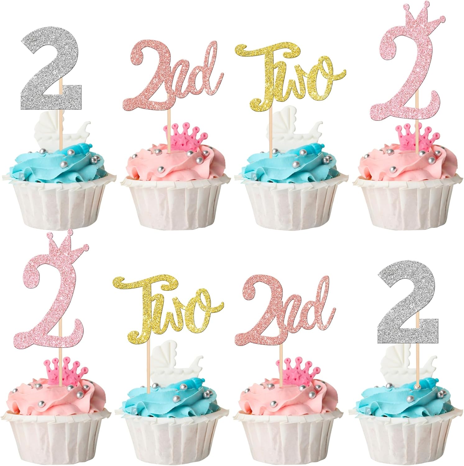 24 piezas de dos adornos para cupcakes con purpurina, dos púas para cupcakes de 2 cumpleaños, número 2, dos palillos para pasteles para baby shower,