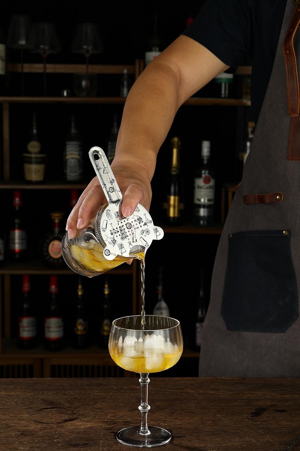 Kit de coctelera grabada, 7 piezas de acero inoxidable con coctelera Boston, cuchara de bar, mezclador de cóctel, doble jigger, colador de cóctel,