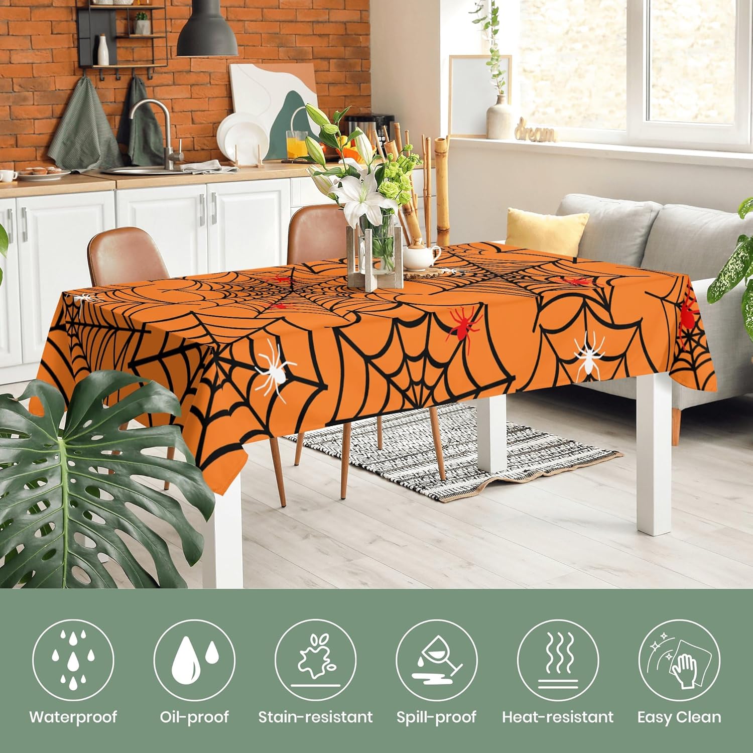 Rectangle Halloween Tablecloth 60 X 84 inch Spider Web Orange Table Cloth Waterproof Holiday Table Decorations for Party Home Kitchen Dining