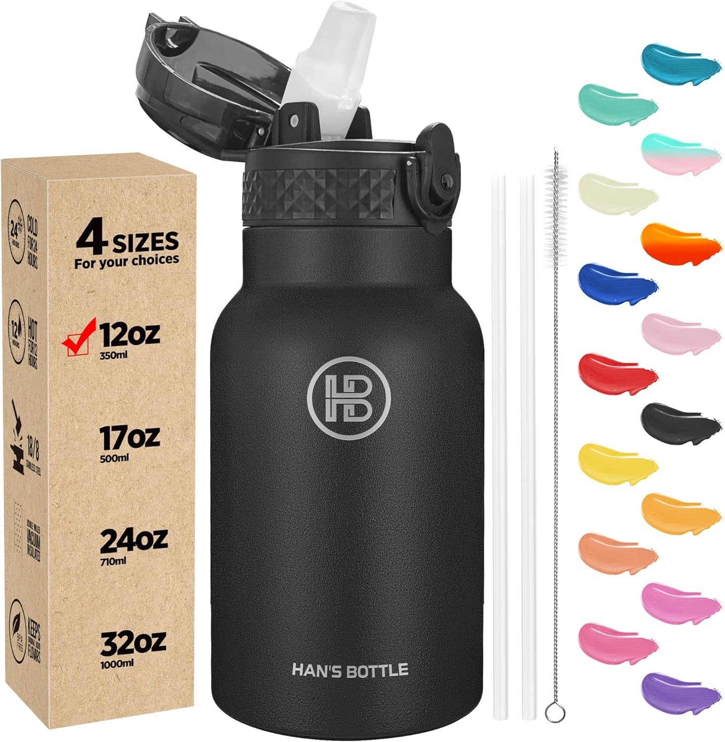 Han’s Bottle Botella de agua para niños con tapa con pajilla, vaso reutilizable de acero inoxidable aislado para niños pequeños, niñas, niños, taza