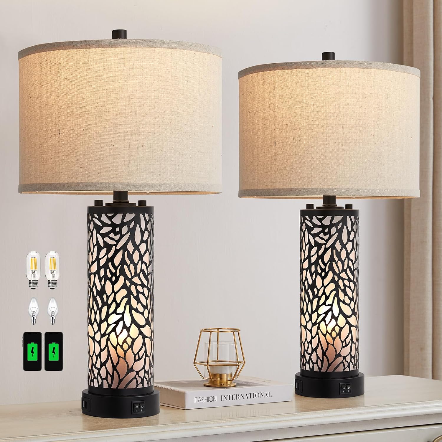RORIANO Juego de 2 lámparas de mesa modernas para sala de estar con 2 puertos de carga USB, luz nocturna de vidrio esmerilado blanco para
