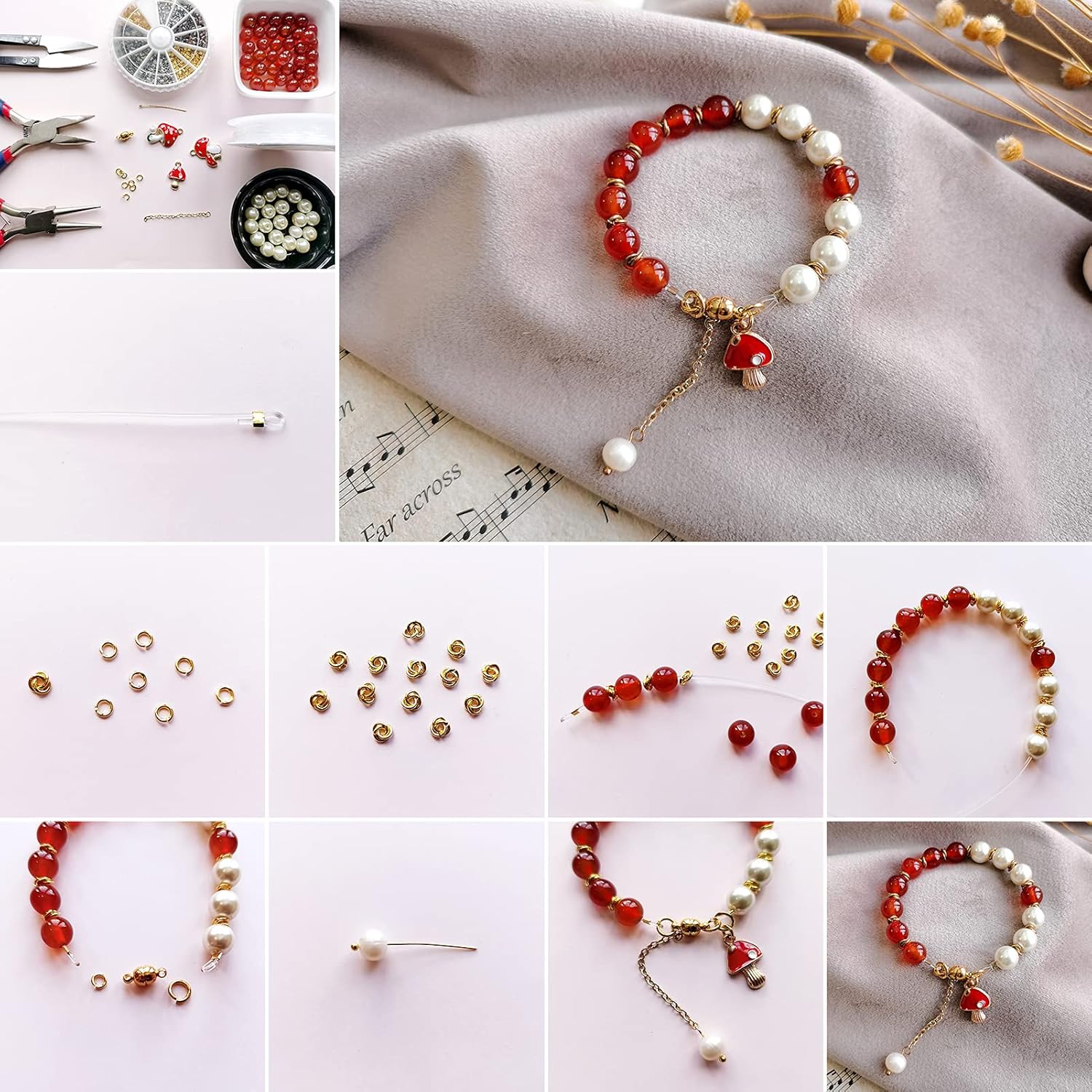 20 dijes colgantes de hongos esmaltados de aleación, 5 formas, hongo rojo con perlas de imitación de resina de 0.906 x 0.610 in para pulseras,
