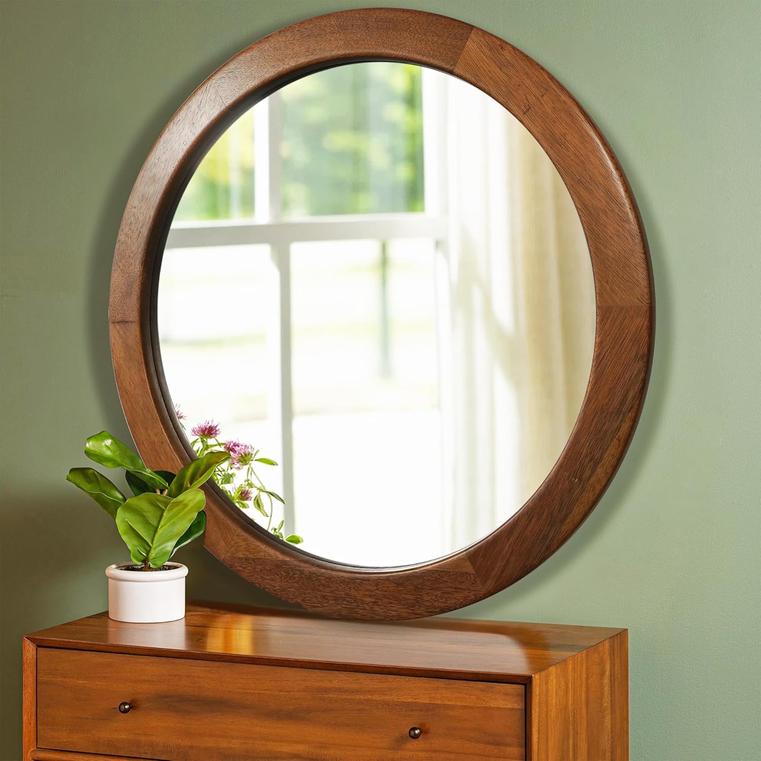 Espejo redondo de 36 pulgadas, espejo de pared templado de madera rústica para baño con marco de nogal, espejo circular de madera de granja para