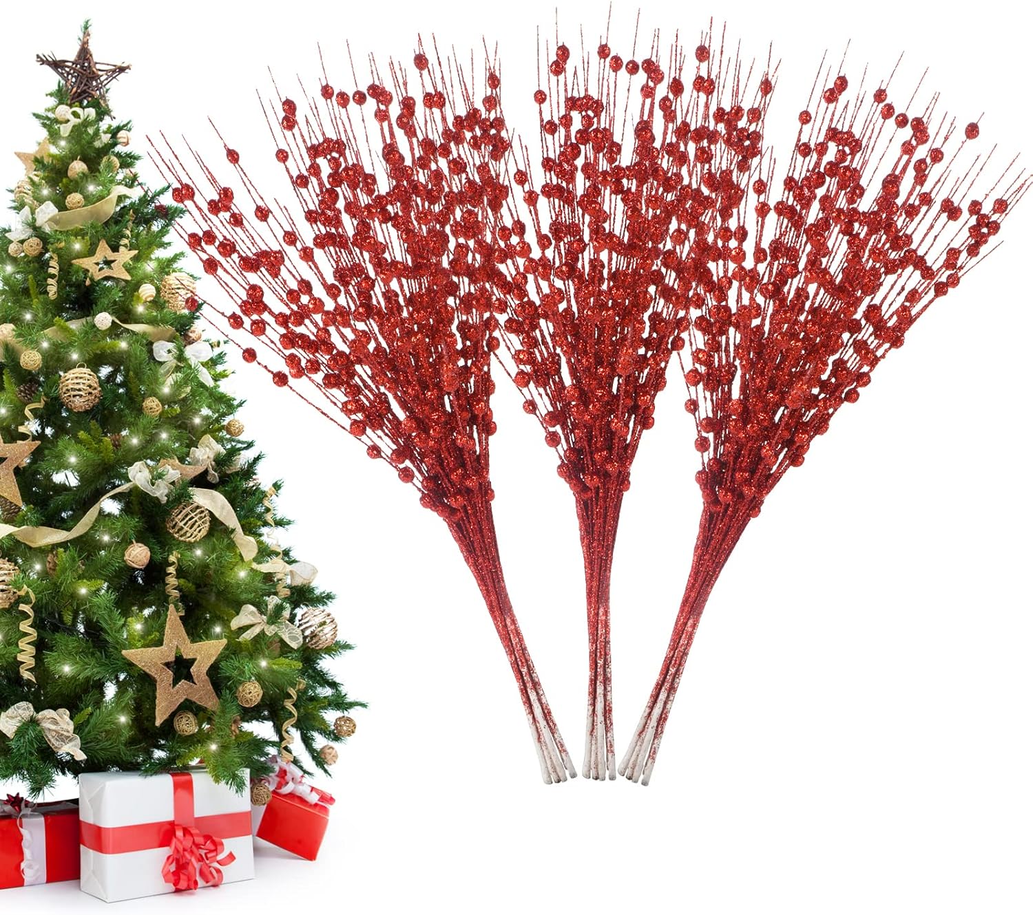 Christmas Artificial Glitter Berry Stem Decorations Decorative Bead Sticks Xmas Picks Glittery Twigs Branches for Christmas Tree Wreath Gift Vase