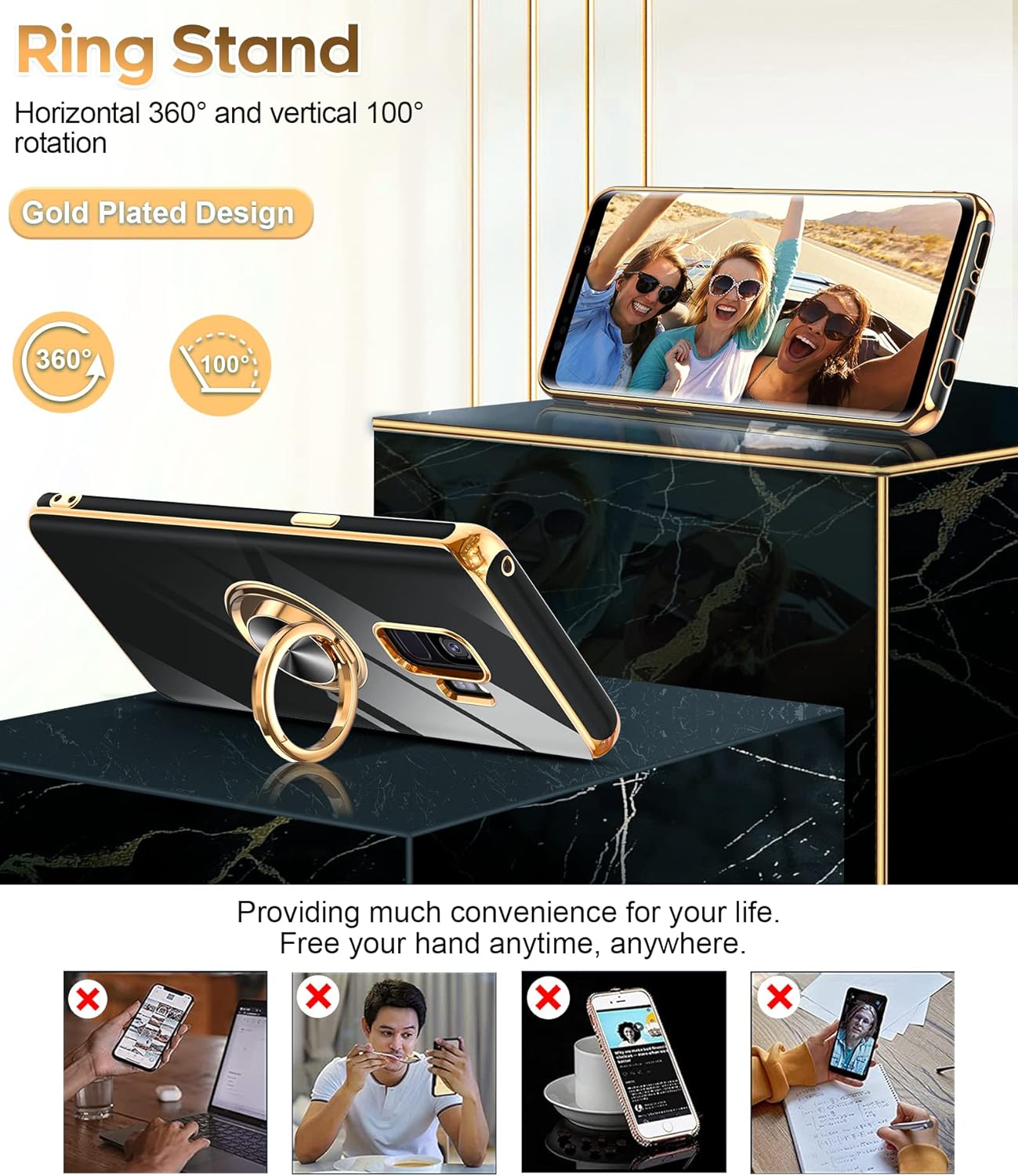 LeYi Funda para teléfono Samsung Galaxy S9 con soporte de anillo giratorio de 360, soporte magnético, chapado en oro rosa con borde protector para