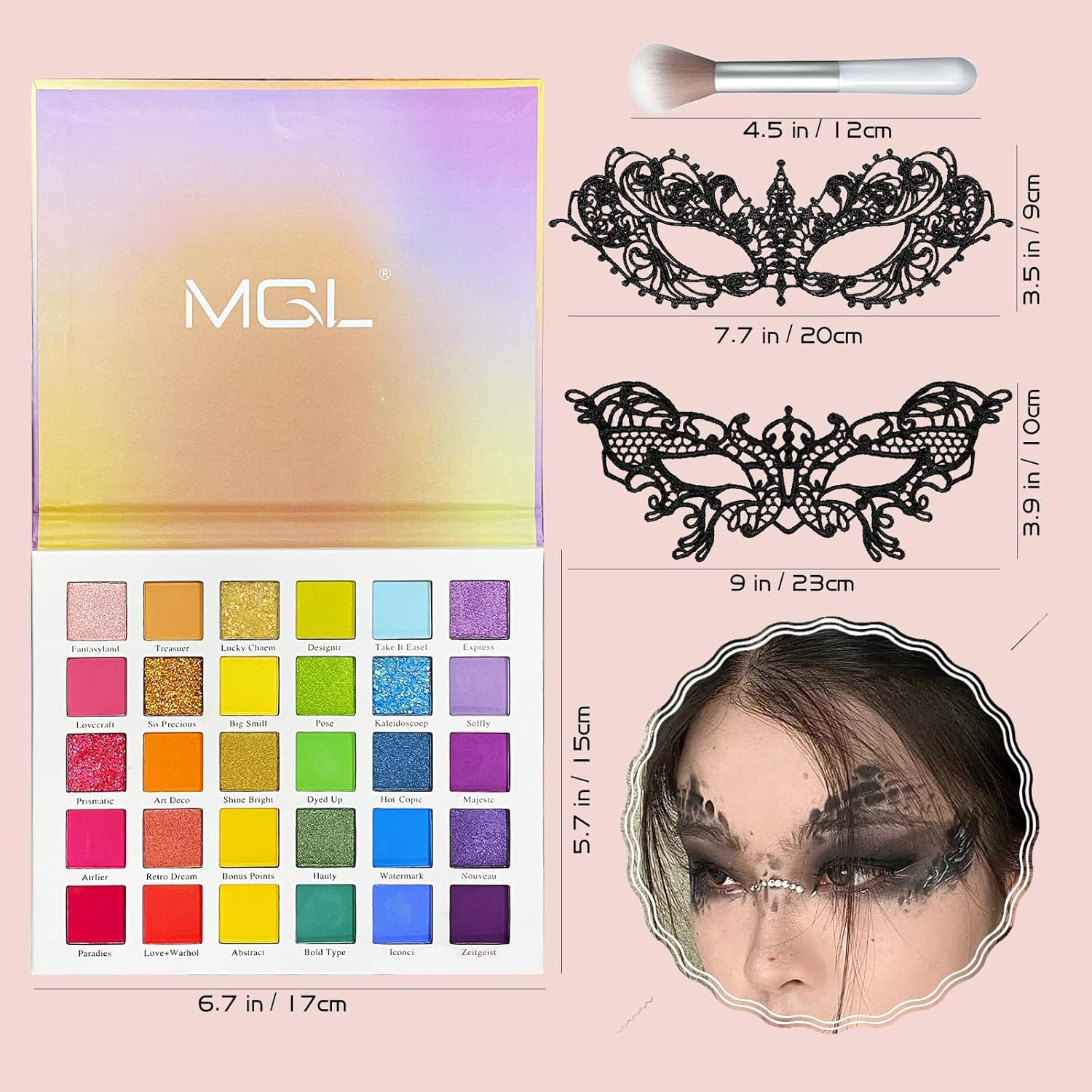 Paleta de sombras de ojos de Halloween, paleta de sombra de ojos arcoíris de 30 colores y máscara de encaje, colores brillantes y vibrantes, sombras