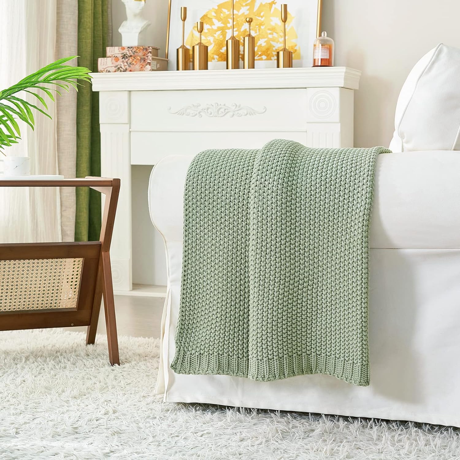 Manta de punto trenzado grueso, ligera, color verde claro, 100% algodón orgánico, para sofá, cama, guardería, rústico, shabby chic, casa de campo