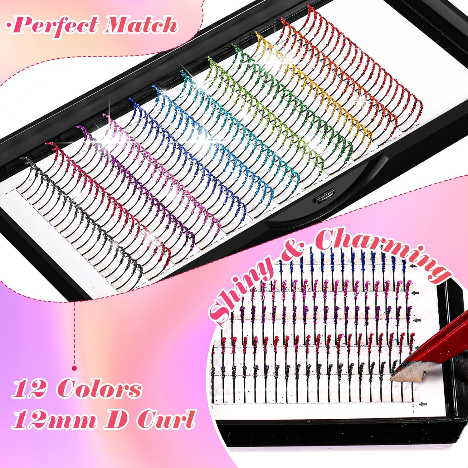 Extensiones de pestañas con purpurina de colores, pestañas individuales, bandeja de pestañas de un solo ojo con pinzas aplicadoras, juego de brochas
