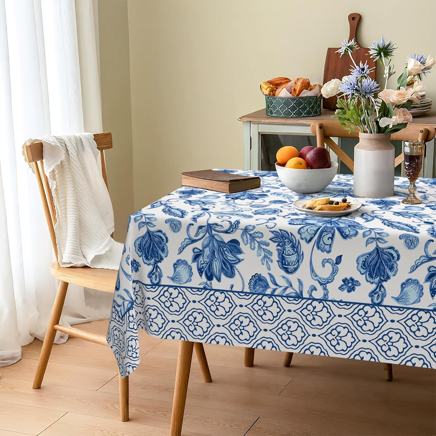 Mantel de tela impermeable de porcelana blanca y azul, rectangular, a prueba de arrugas, resistente al aceite, para mesa de comedor, fiestas de bufé