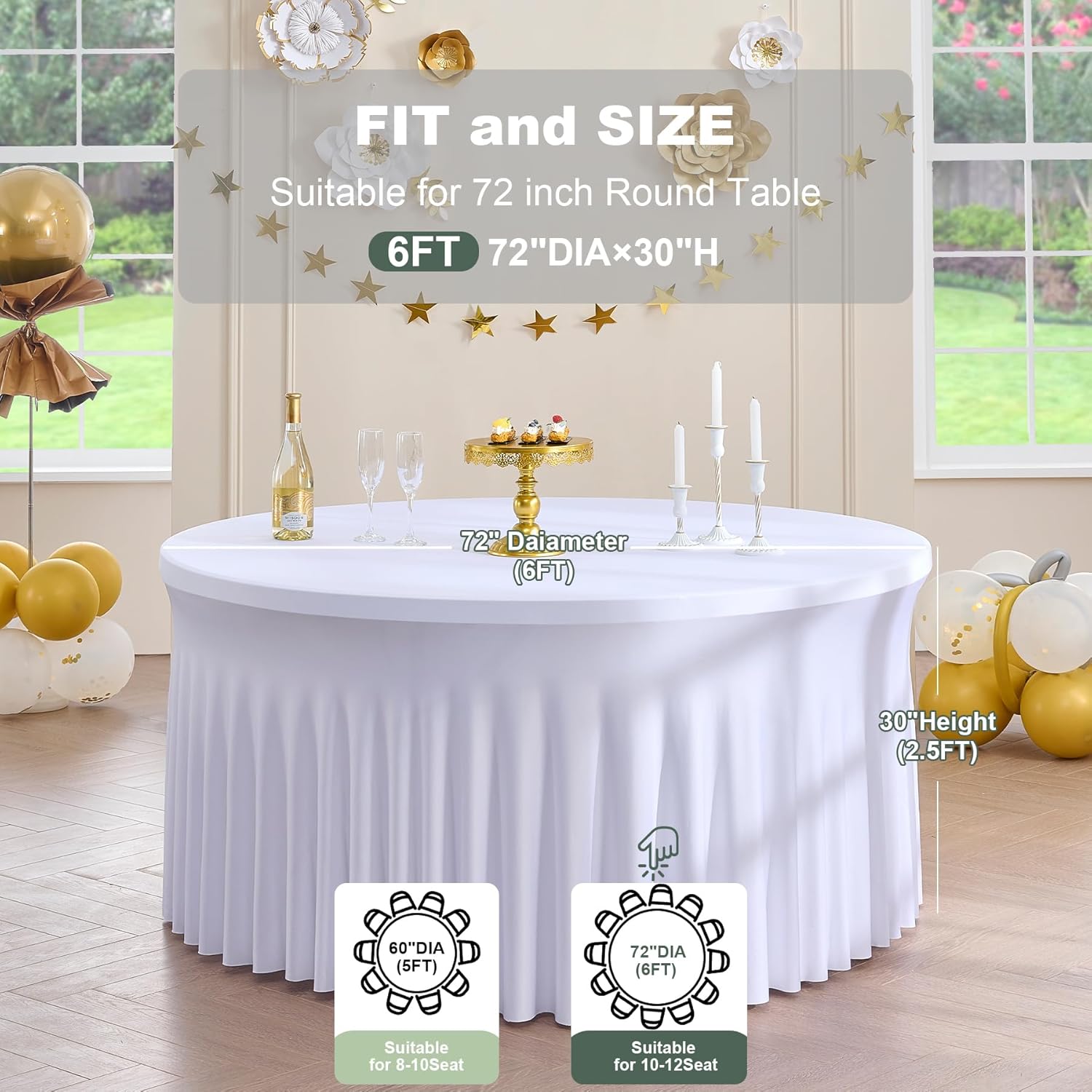 Paquete de 8 manteles de elastano blanco para mesa redonda de 72 pulgadas, manteles ajustables de 132 pulgadas para fiesta de boda, mantel de