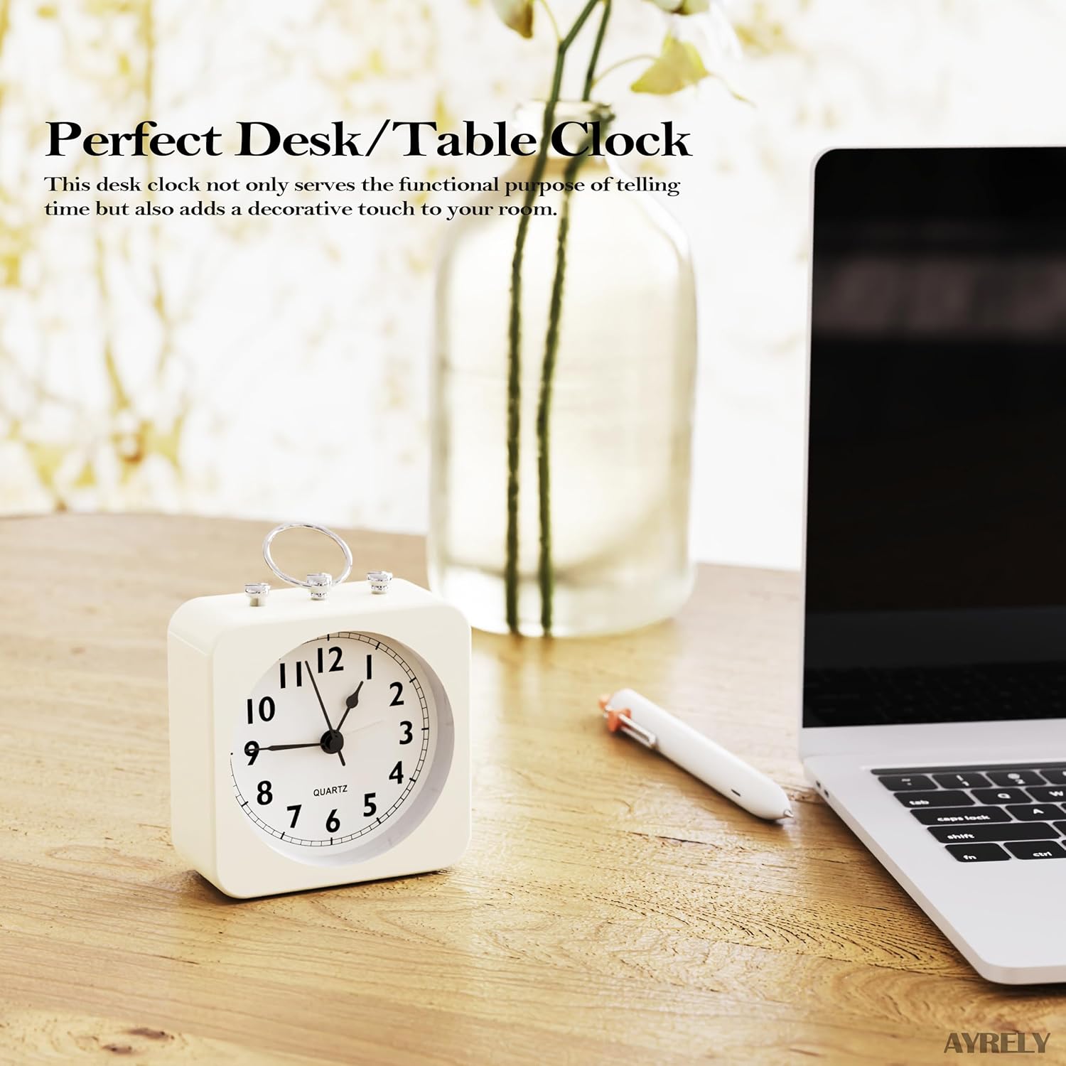 AYRELY Reloj despertador a pilas con caja cuadrada de metal, cuarzo analógico sin tictac, operación simple para dormitorio, viajes, escritorio,