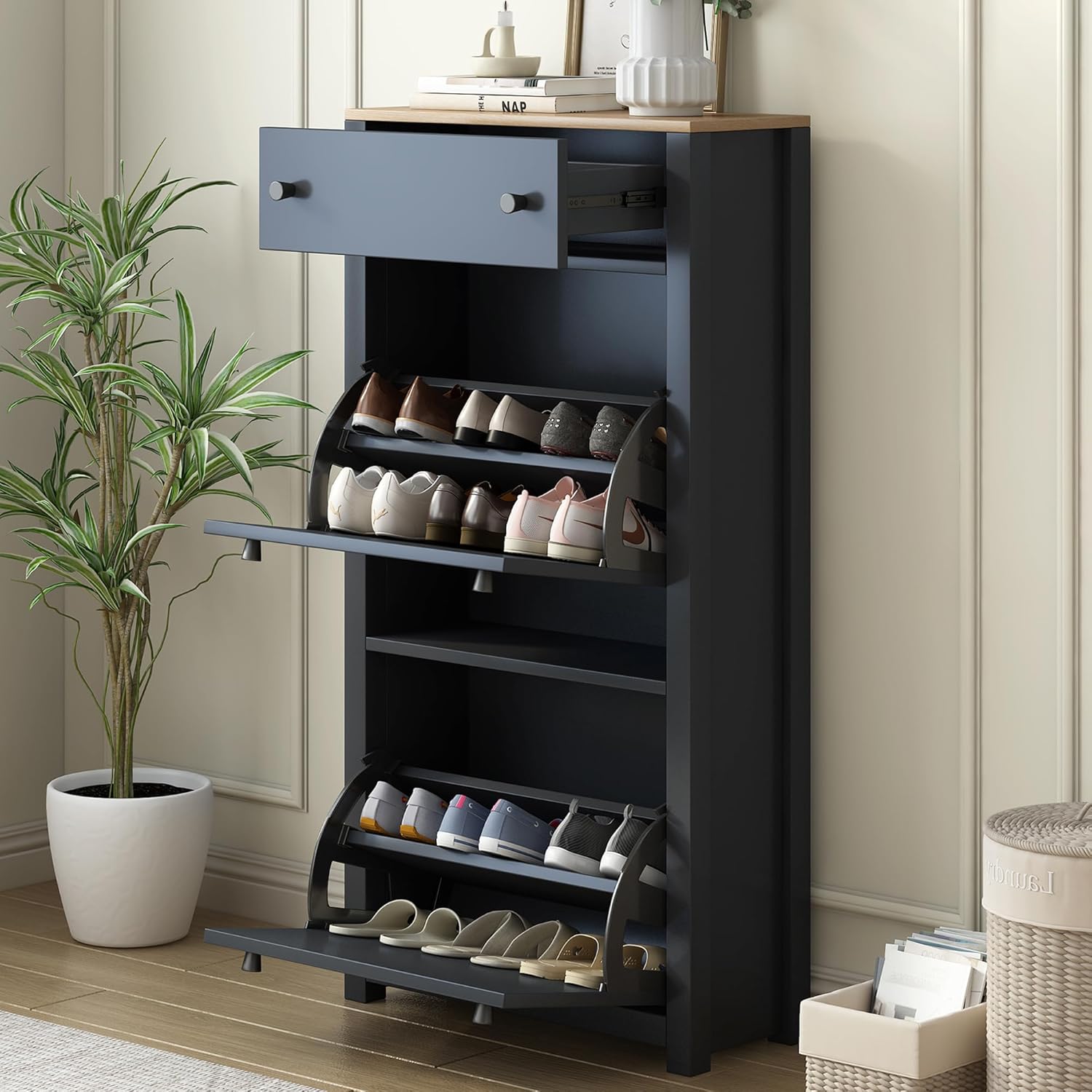 Organizador funcional de entrada con 2 cajones abatibles, patrón de grano de madera, cajón para zapatos, cajón de pie libre, panel ajustable, color