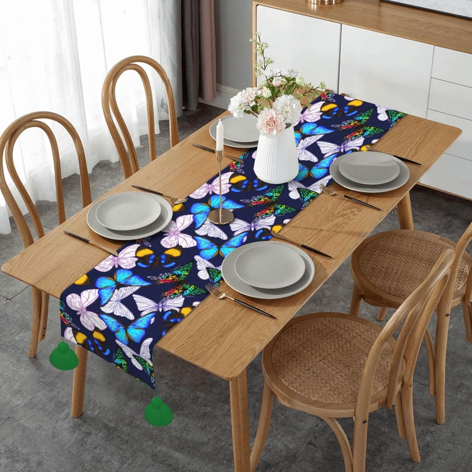 Camino de mesa de Navidad con mariposas azules, decoración de mesa de comedor, decoración de Navidad, decoración de interiores del hogar, caminos de