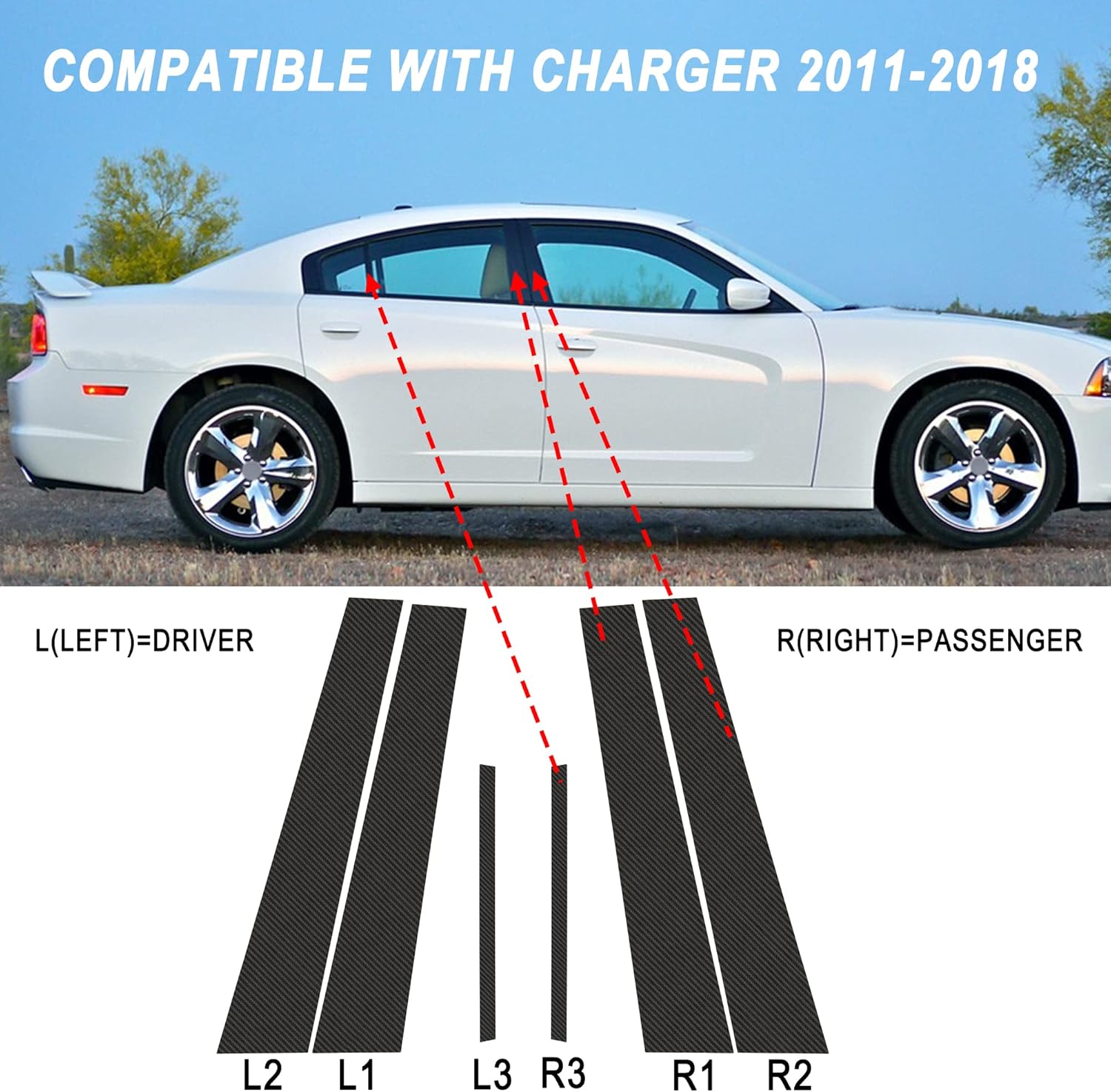 TOMALL Calcomanías de vinilo para poste de ventana de automóvil compatibles con Dodge Charger 2018-2022, calcomanías de columna de ventana de fibra
