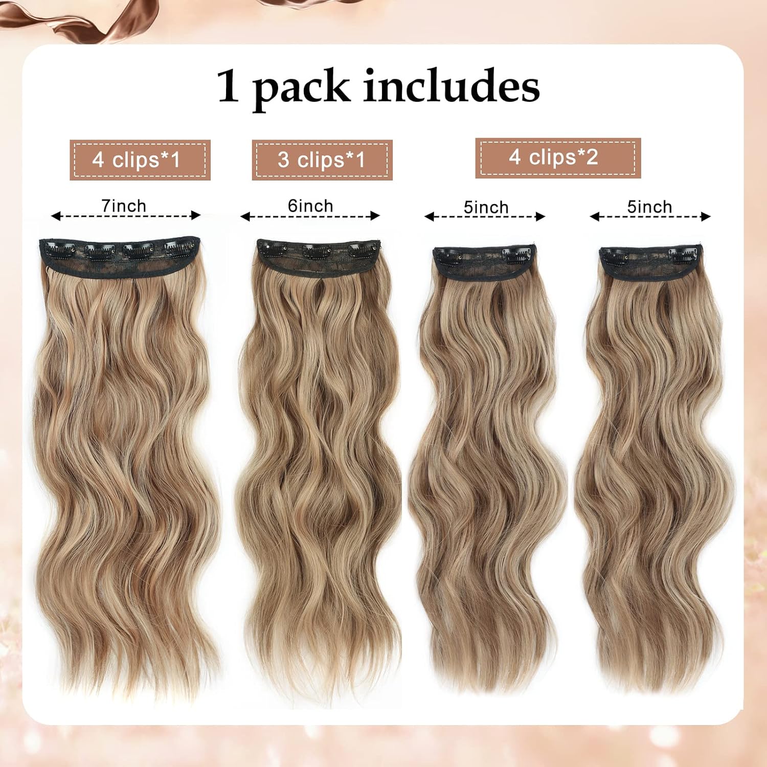 Extensiones de cabello sintético ondulado y largo sin enredos de 20 pulgadas, color rubio miel mezclado con marrón claro, 4 piezas, extensiones de