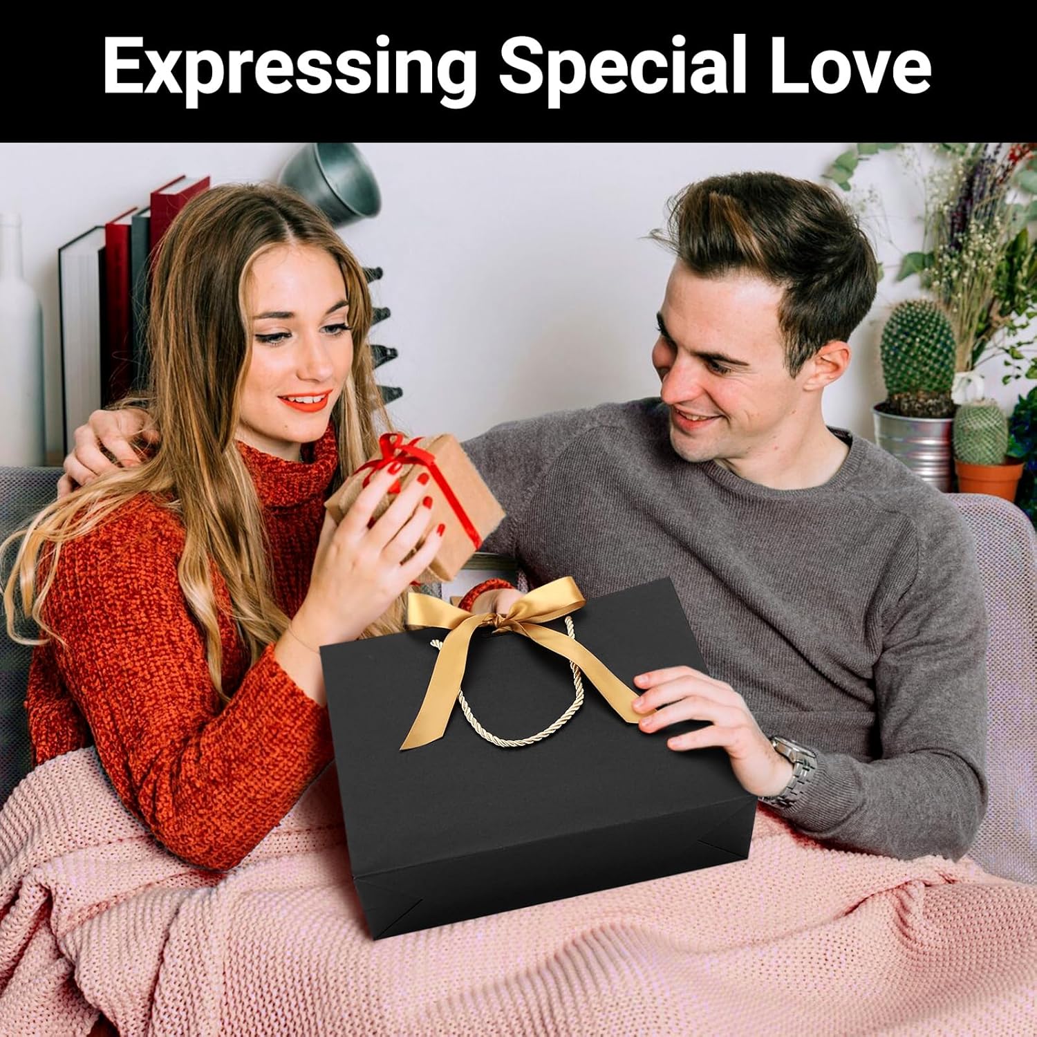 EUSOAR Bolsas de regalo con cinta, 12 bolsas de papel kraft negro de agradecimiento de 10.6 x 3.1 x 8.3 pulgadas, con asa de cinta de lazo, bolsas