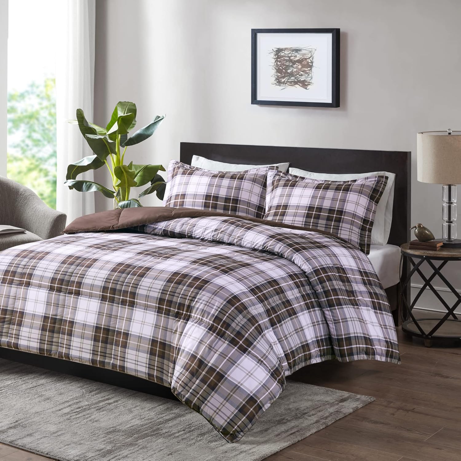 Madison Park Essentials Parkston – Edredón a cuadros, funda a juego, funda de liberación de manchas Scotchguard 3M, hipoalergénico para todas las