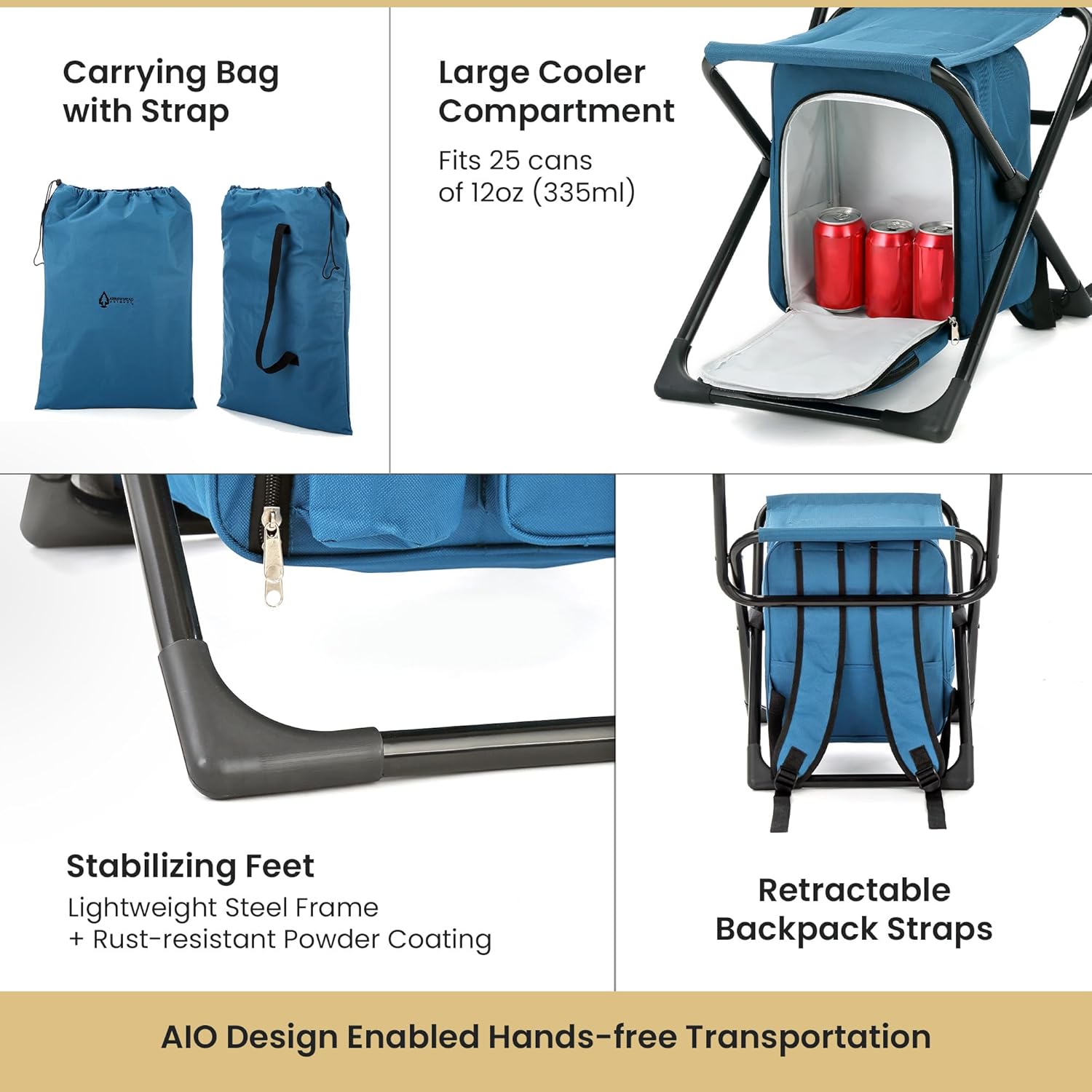Arrowhead Outdoor Silla de campamento compacta multifunción 3 en 1 mochila, taburete y enfriador aislado, con soporte para botellas y bolsa de