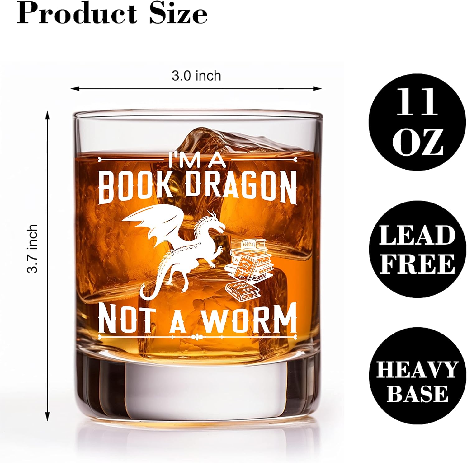 RZHV Vaso de whisky con texto en inglés “I’m A Book Dragon Not A Worm”, divertido regalo de cumpleaños para hombres, marido, papá, tío, abuelo,