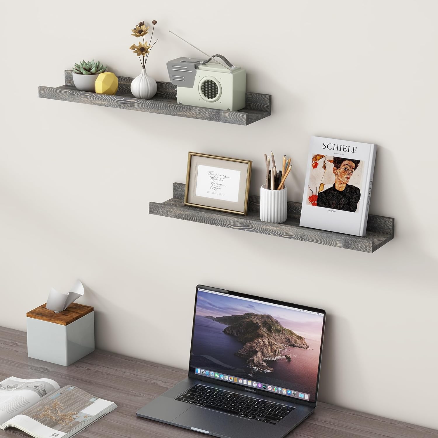 Juego de 2 estantes de pared de 24 pulgadas de ancho, estantes flotantes rústicos de madera de pino maciza para pared para habitación de niños,