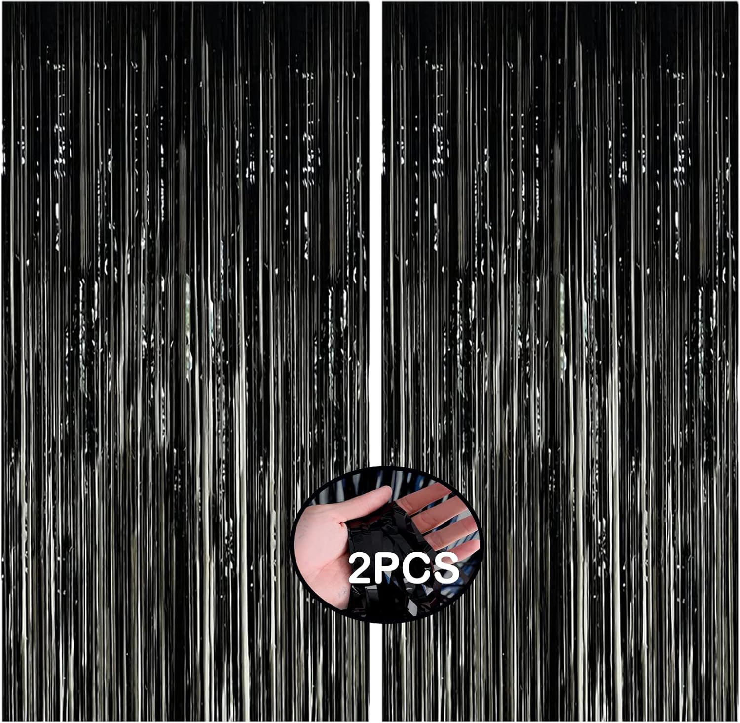 2 cortinas de flecos de oropel negro para decoración de fiestas, cortinas de oropel, telón de fondo de 3.3 pies x 8.3 pies, serpentinas de puerta,