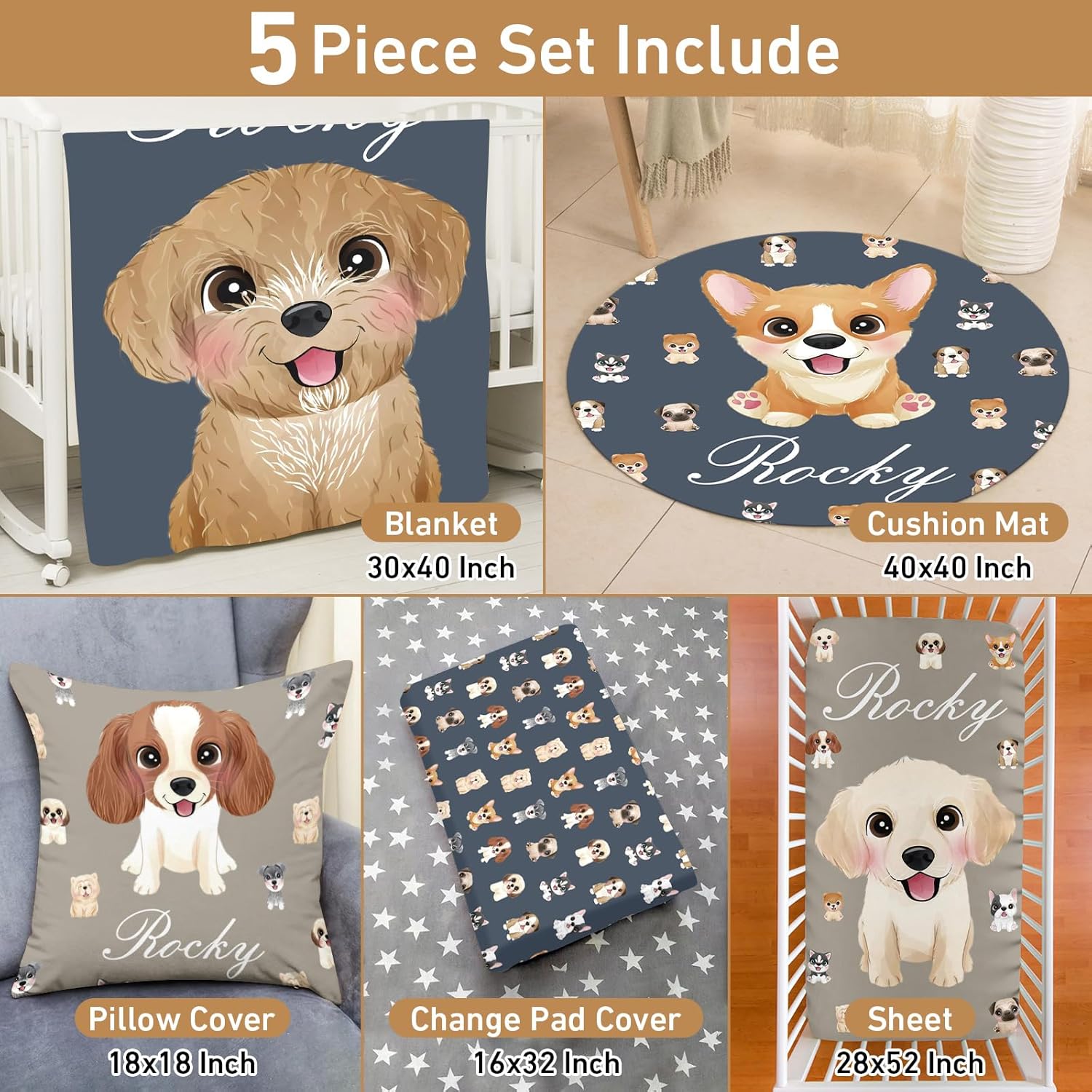 Juego de ropa de cama personalizado para cuna juego de guardería con nombre personalizado y tema impreso, juego de cuna de 5 piezas suave y seguro