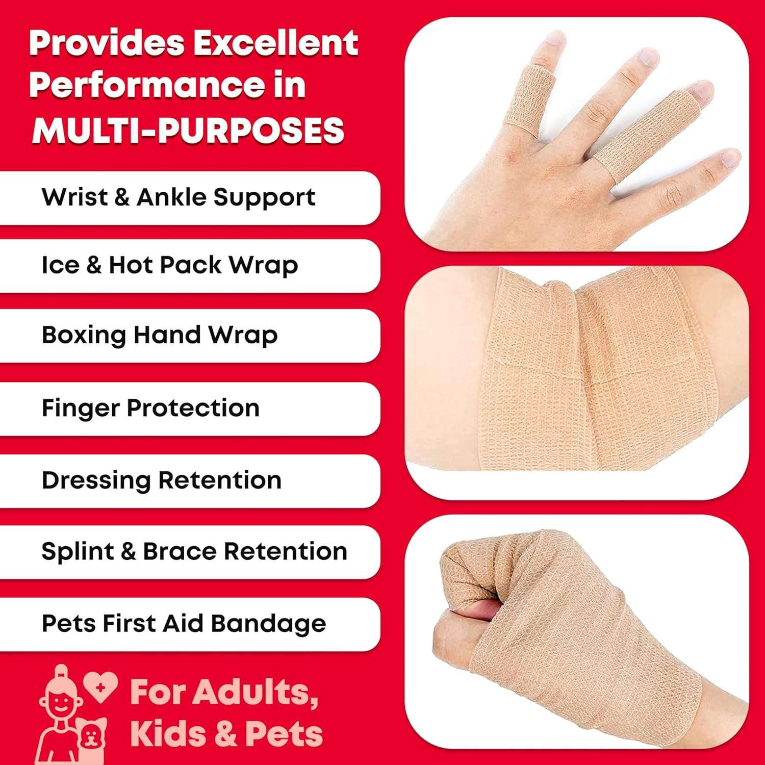 Ever Ready First Aid Vendajes cohesivos autoadherentes, 2 pulgadas x 5 yardas para primeros auxilios, esguinces, hinchazón, deportes, mascotas,