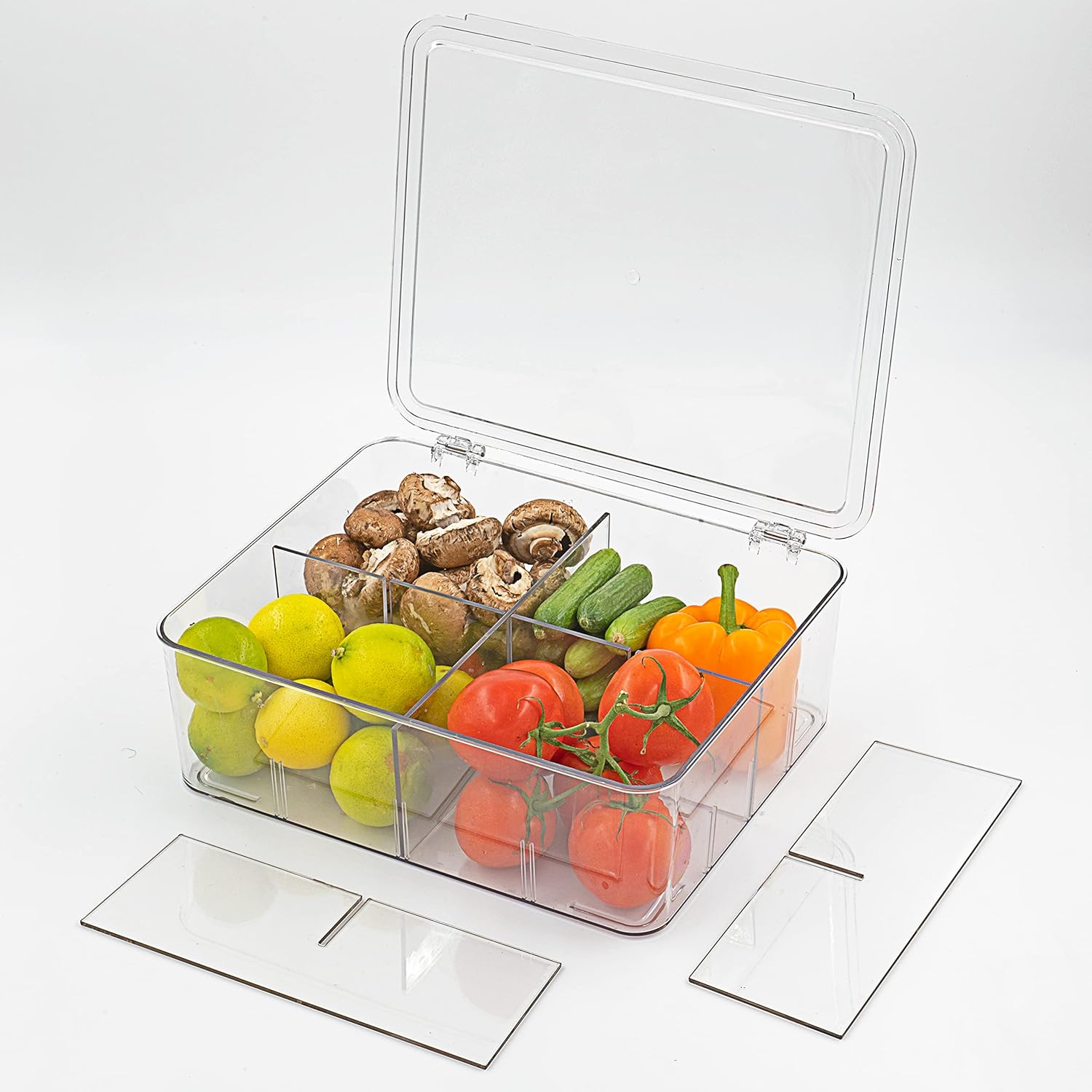 Organizador de refrigerador con tapa y separadores extraíbles, apilable multiusos para bolsitas de té, arte y manualidades, cocina, despensa,