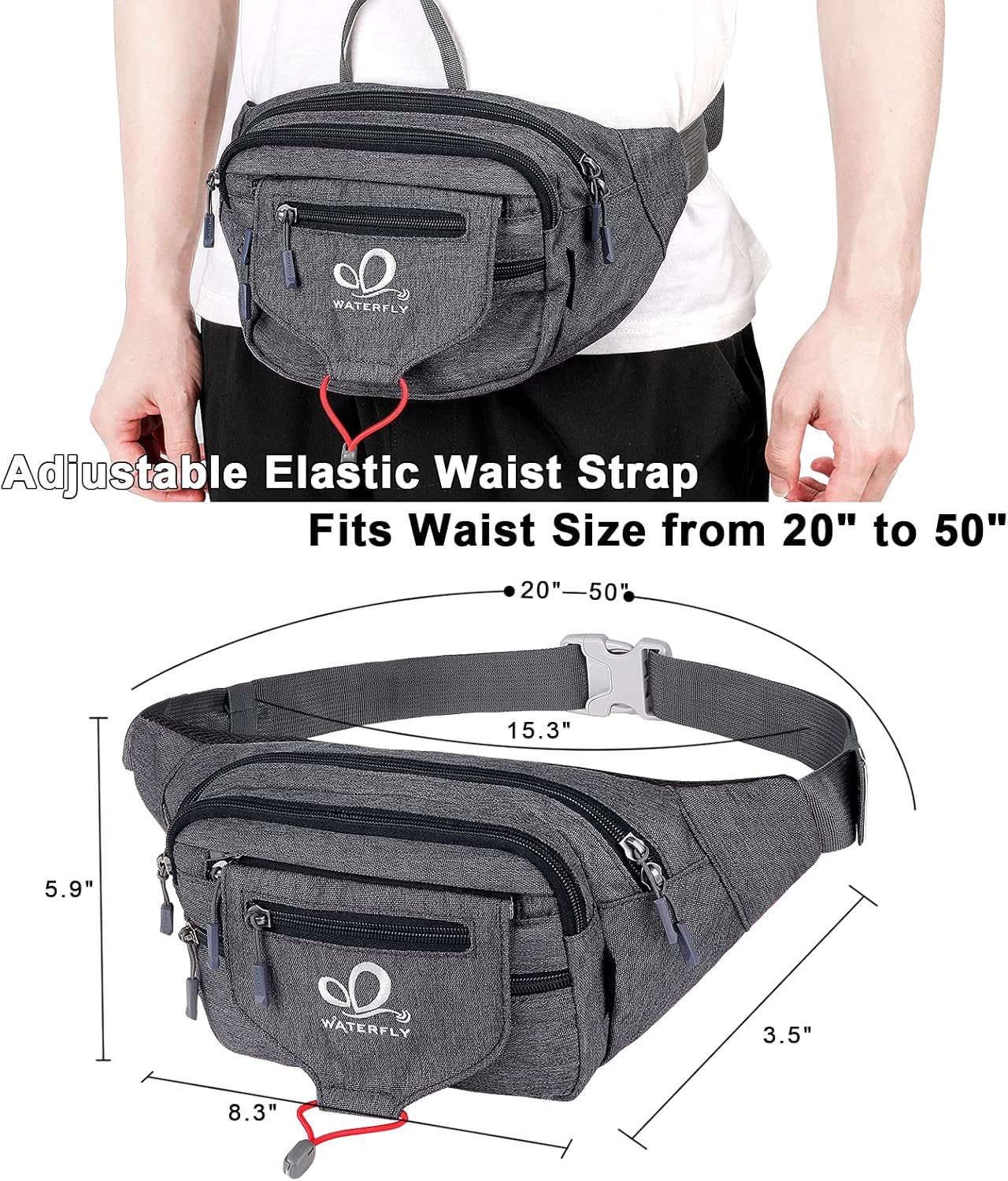 WATERFLY Riñonera Riñonera Bolsa de cadera para corredor, bolsa para correr, cinturón para correr, mochila para caminar, trotar, mujer y hombre, Gris